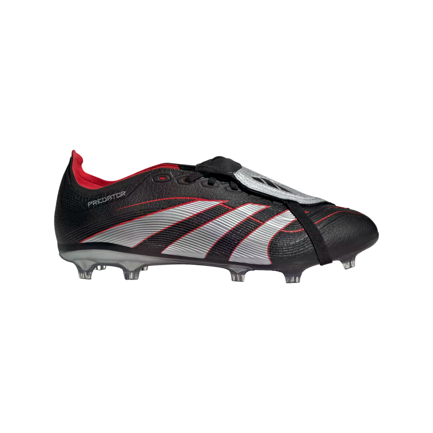 Side view of a black Adidas Predator soccer cleat with three silver stripes, red accents, a fold-over tongue, and clear studs.