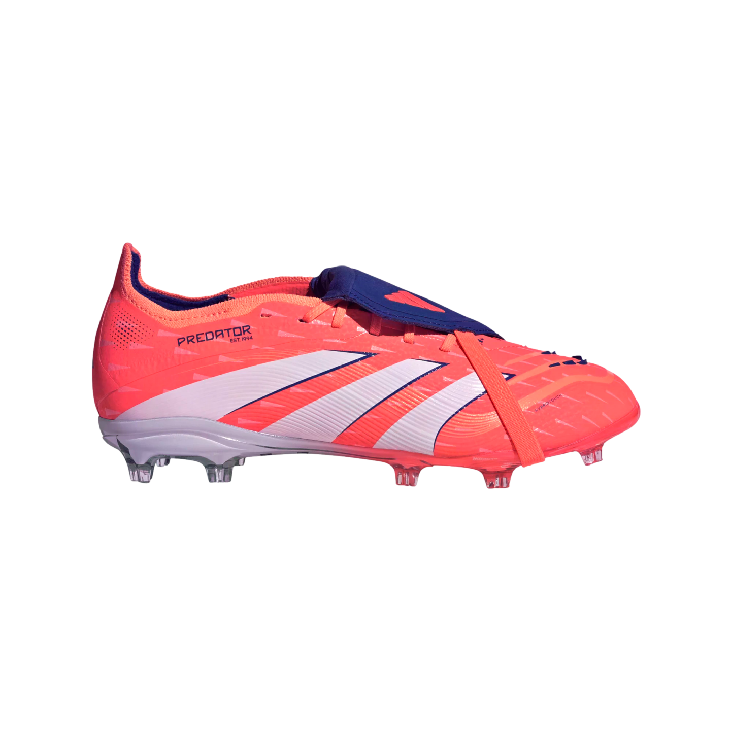 Side view of a bright pink Adidas Predator soccer cleat featuring white stripes, a blue fold-over tongue, and clear studs on a black background.