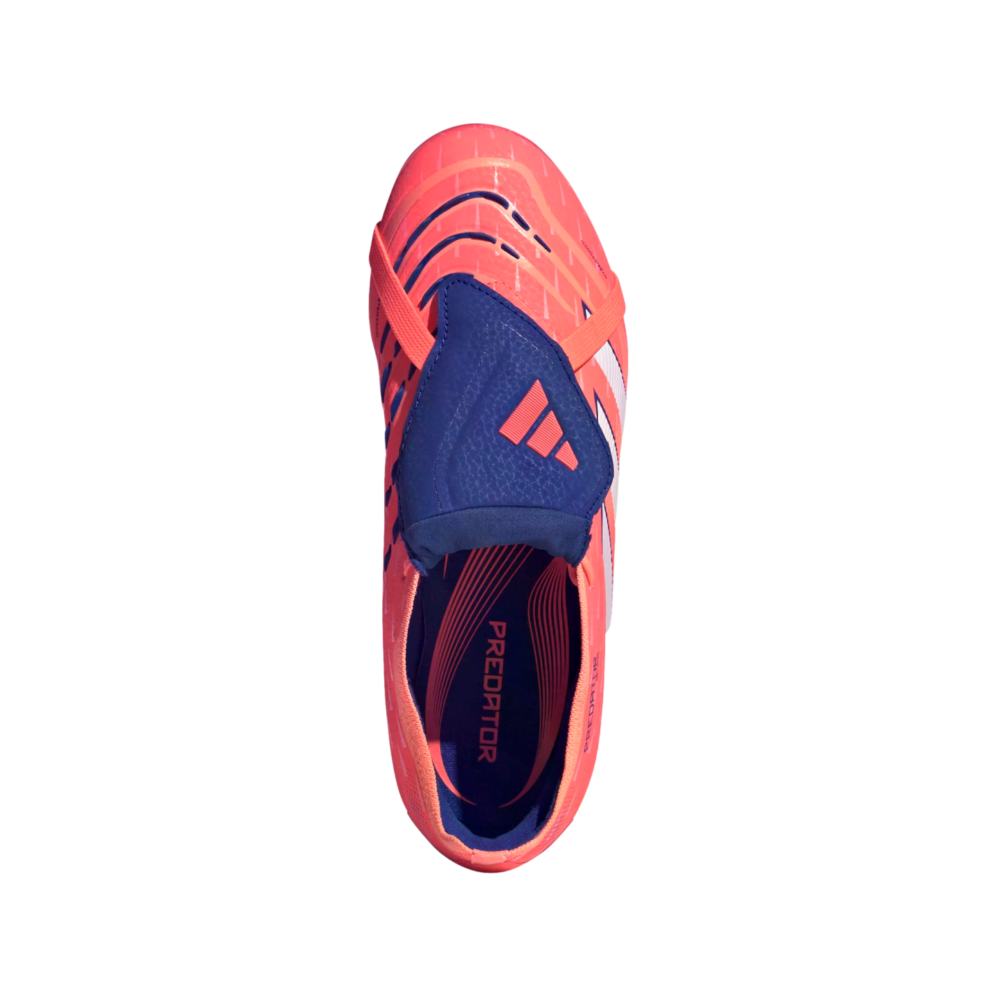 Top-down view of a vibrant pink Adidas Predator soccer cleat with a blue fold-over tongue and white stripes, set against a black background.