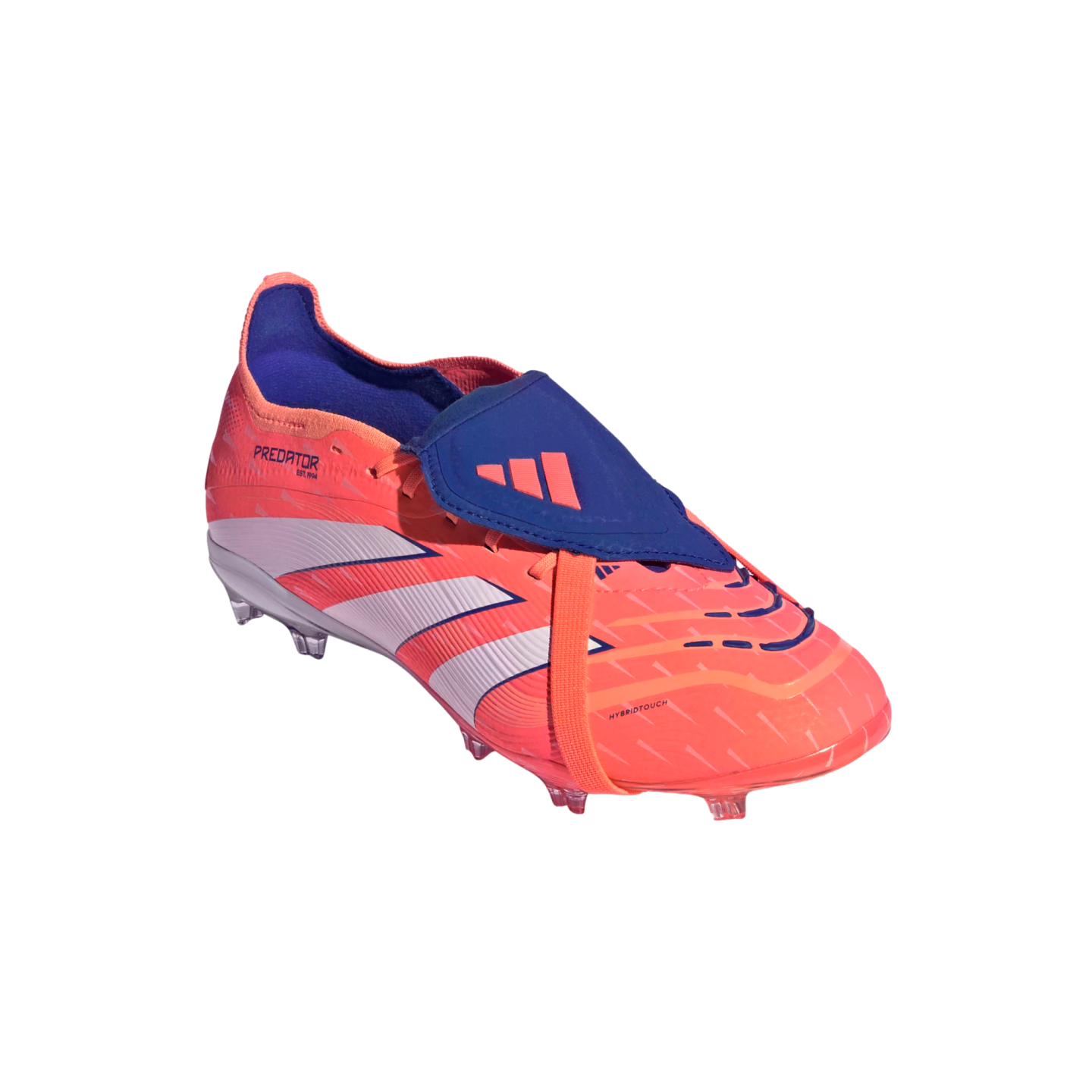 A bright orange Adidas Predator soccer cleat with a blue fold-over tongue, white diagonal stripes, and clear studs, isolated on a black background.