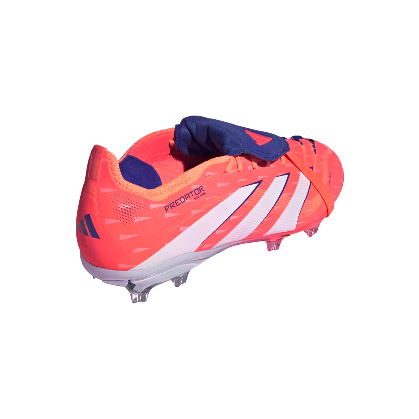 Rear view of a bright orange Adidas Predator soccer cleat with three white stripes and a purple fold-over tongue against a black background.