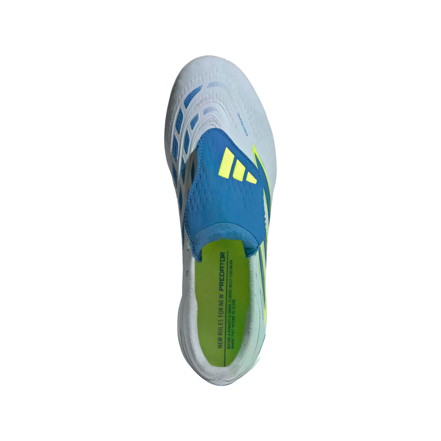 A top-down view of a light grey Adidas Predator soccer cleat with blue and neon yellow accents against a black background. The shoe features a blue textured tongue flap with three yellow stripes and a neon yellow insole with black text.