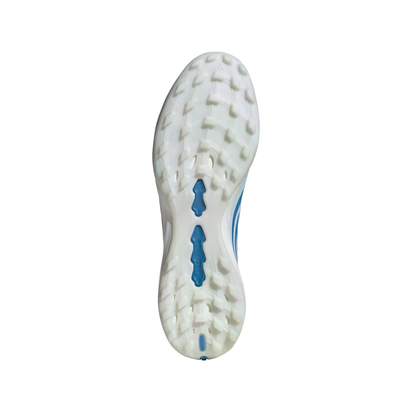 A bottom-up view of the white and light blue outsole of an Adidas Predator soccer shoe, featuring multi-directional studs against a black background.