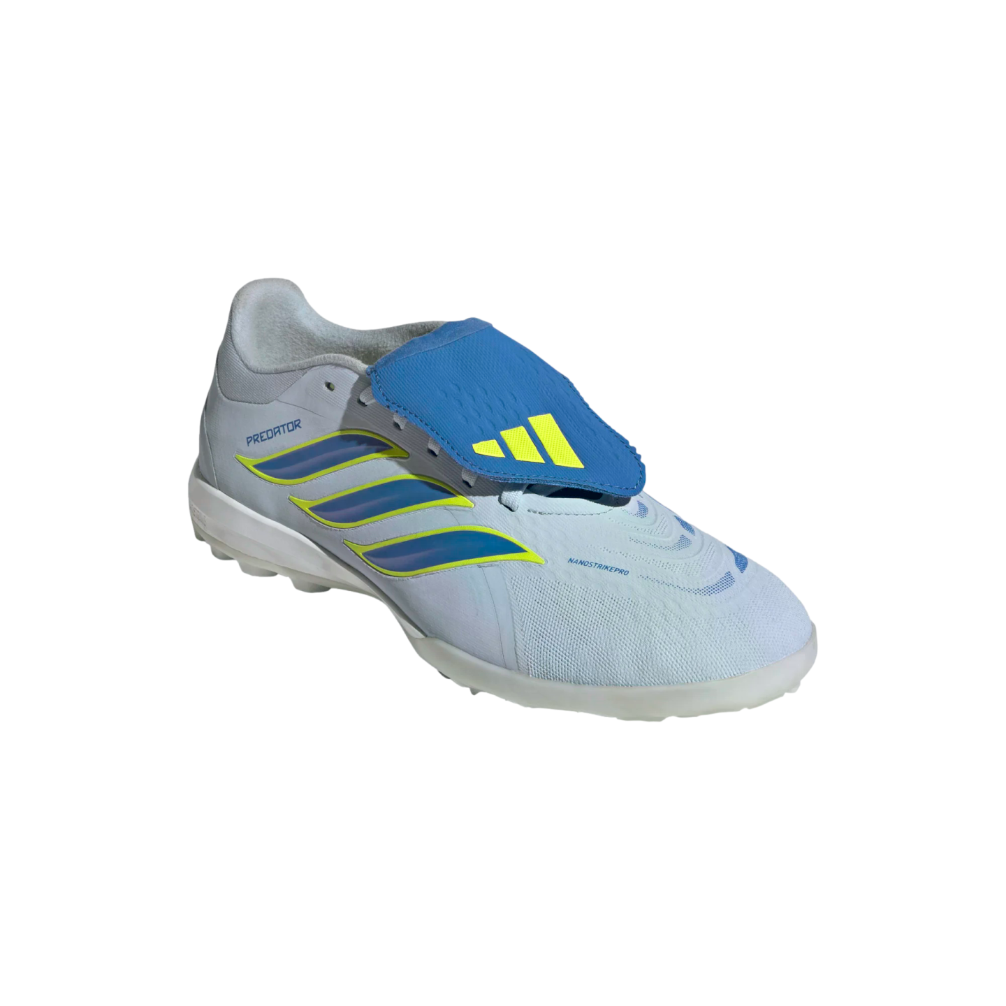 A light blue and white Adidas Predator soccer shoe with neon yellow accents and a blue fold-over tongue, shown in a 3/4 side view against a black background.