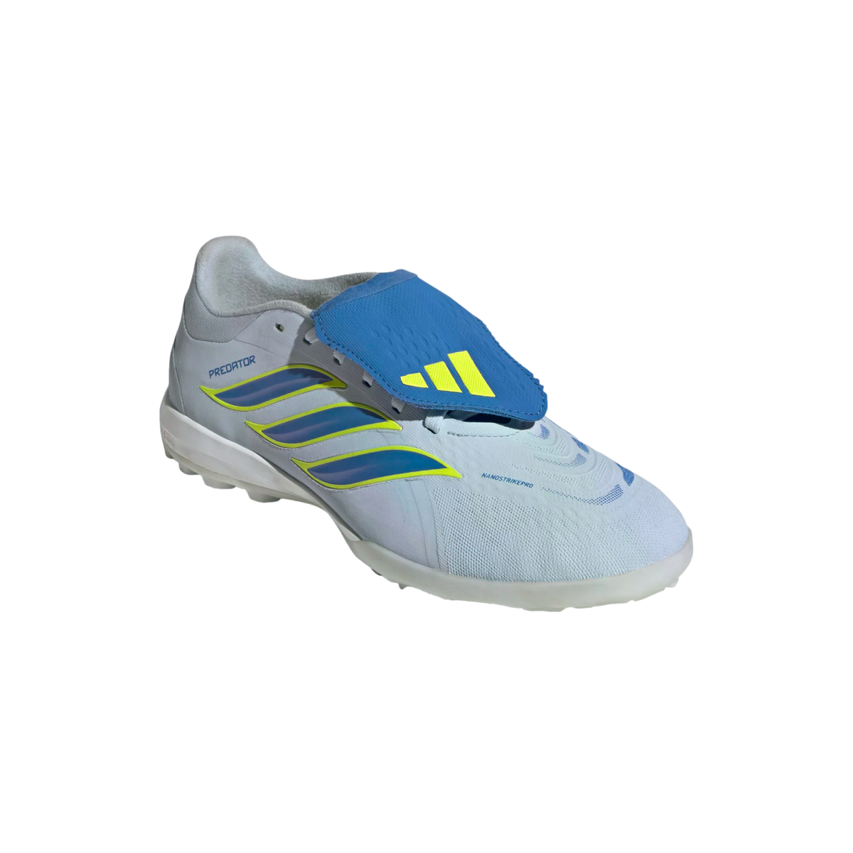 A light blue and white Adidas Predator soccer shoe with neon yellow accents and a blue fold-over tongue, shown in a 3/4 side view against a black background.