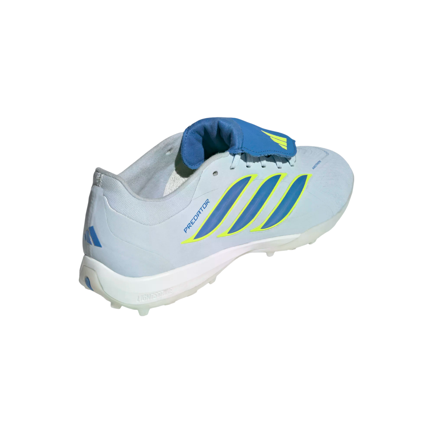 A light blue Adidas Predator soccer shoe with three blue stripes outlined in yellow and a prominent blue fold-over tongue, set against a black background.
