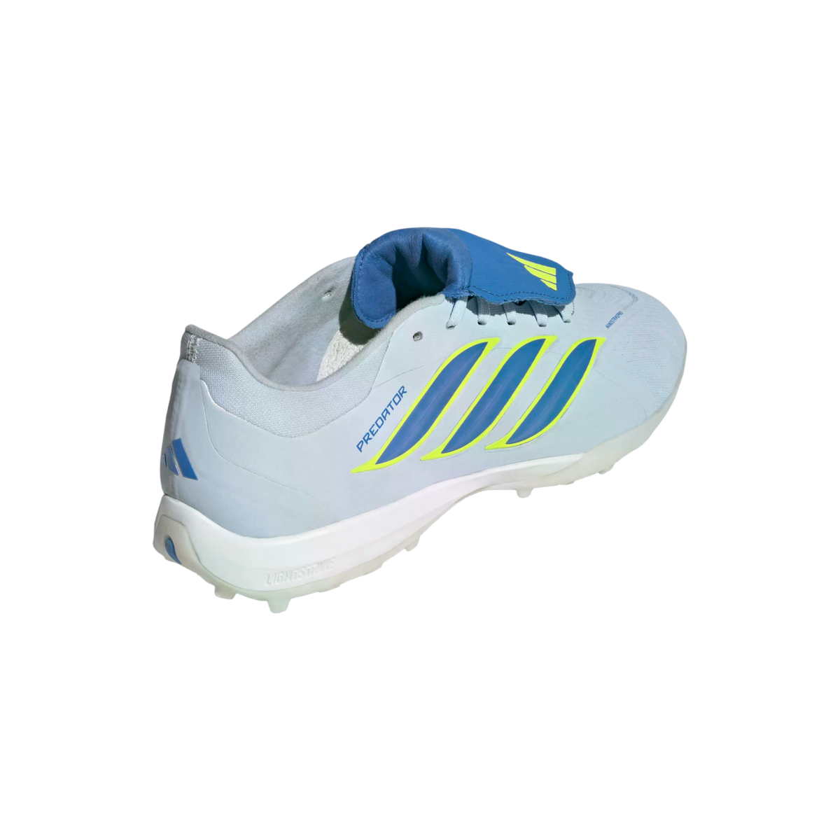 A light blue Adidas Predator soccer shoe with three blue stripes outlined in yellow and a prominent blue fold-over tongue, set against a black background.