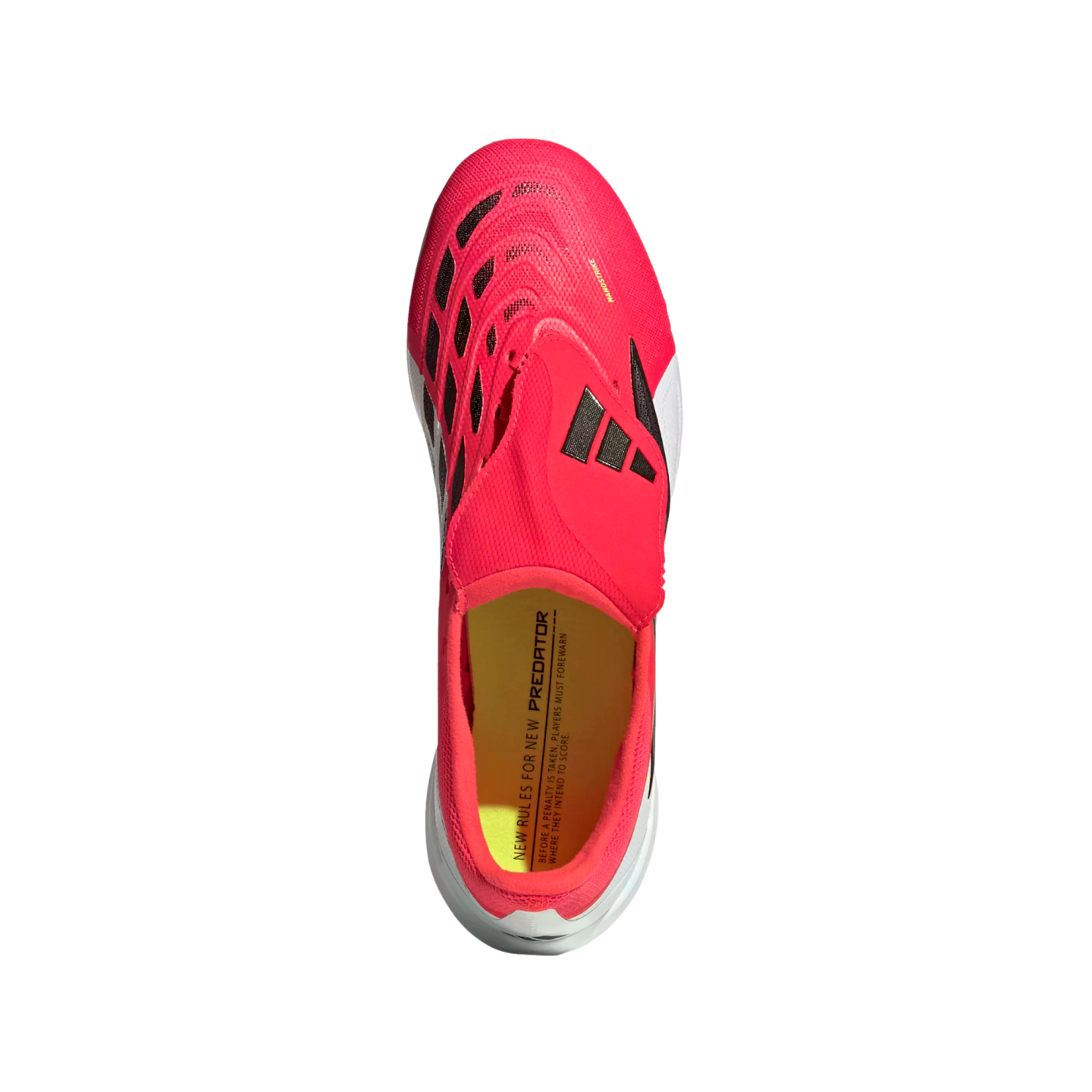 Top-down view of a bright red Adidas Predator laceless soccer cleat against a black background. The insole is yellow with black text.