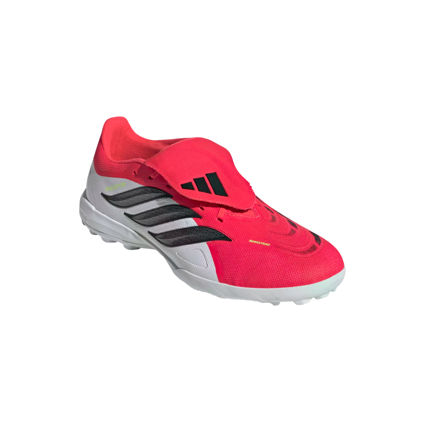 A pink and white Adidas Predator soccer shoe with a fold-over tongue and three black stripes. It features lime green accents and a white sole against a black background.