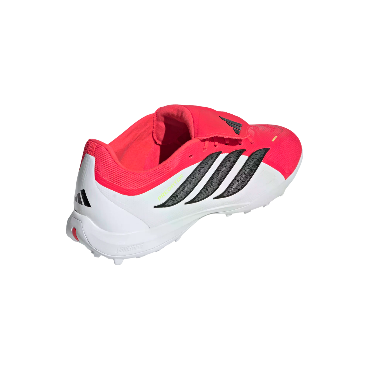 Rear-side view of a bright pink and white Adidas Predator soccer shoe with black stripes on a black background.
