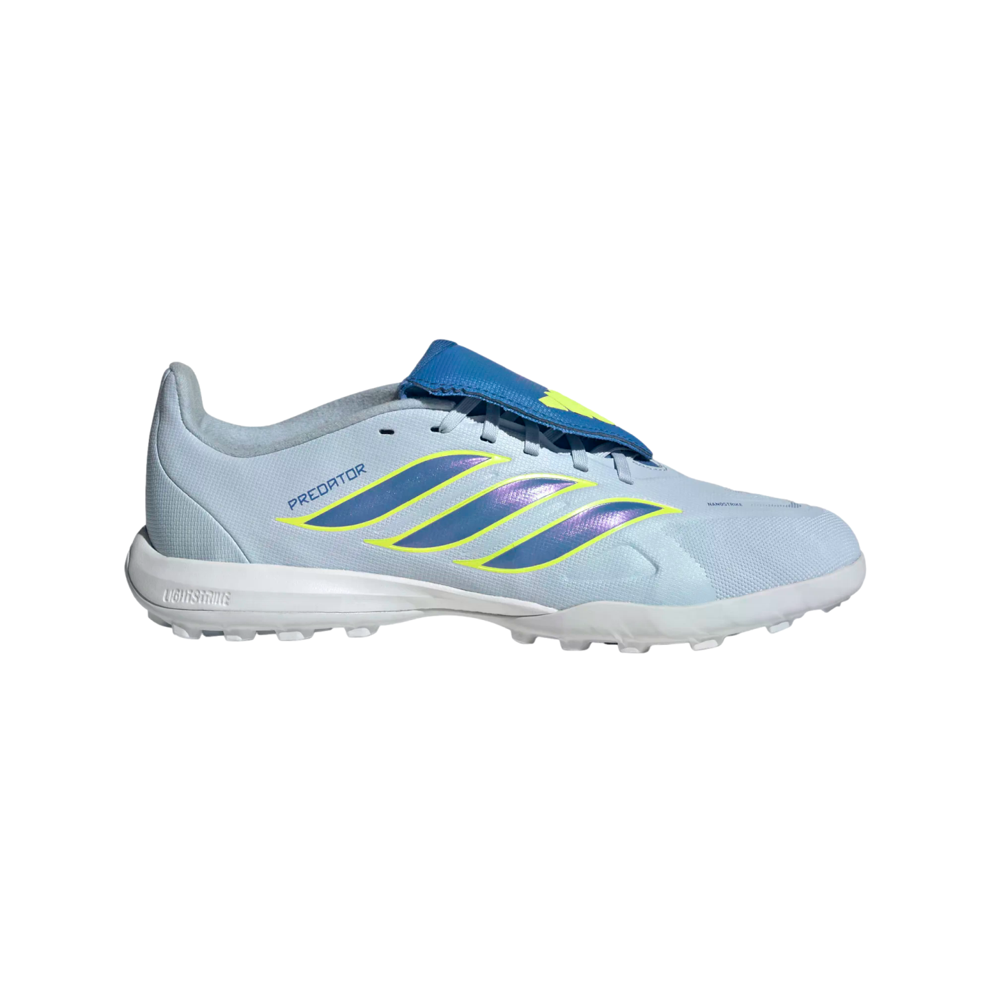 A side profile view of a light blue Adidas Predator turf football shoe against a solid black background. The shoe features three iridescent purple and blue stripes with neon yellow outlines, a white midsole with "Lightstrike" branding, and a blue fold-ove
