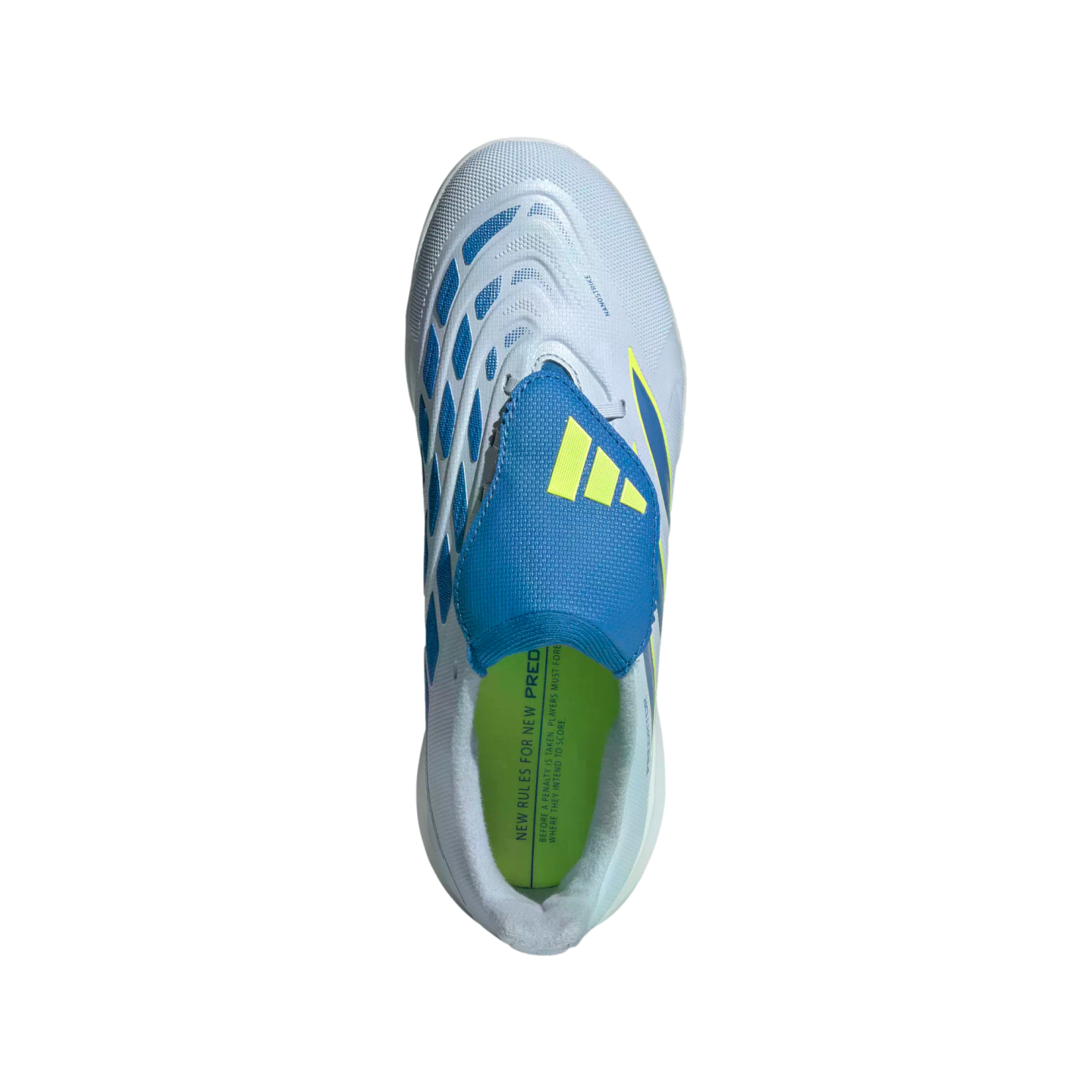 A top-down view of a light grey Adidas soccer cleat with blue and lime yellow accents. The shoe features blue geometric patterns on its sides, a blue tongue flap with yellow stripes, and a bright lime green insole.