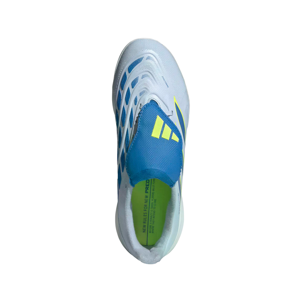 A top-down view of a light grey Adidas soccer cleat with blue and lime yellow accents. The shoe features blue geometric patterns on its sides, a blue tongue flap with yellow stripes, and a bright lime green insole.