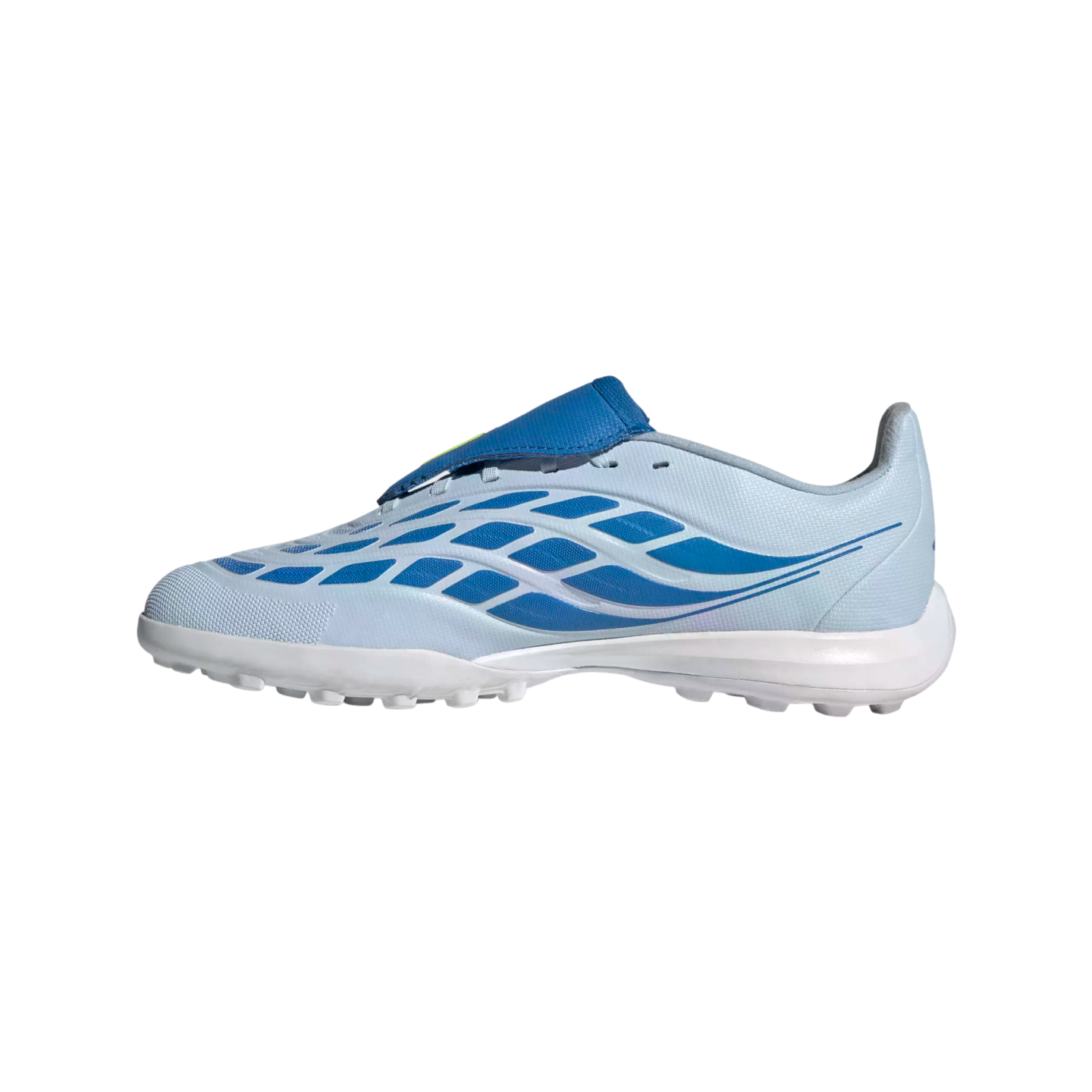 A side profile of a light blue and white low-top soccer shoe featuring dark blue geometric patterns on the side and a blue lace-cover flap, set against a solid black background.