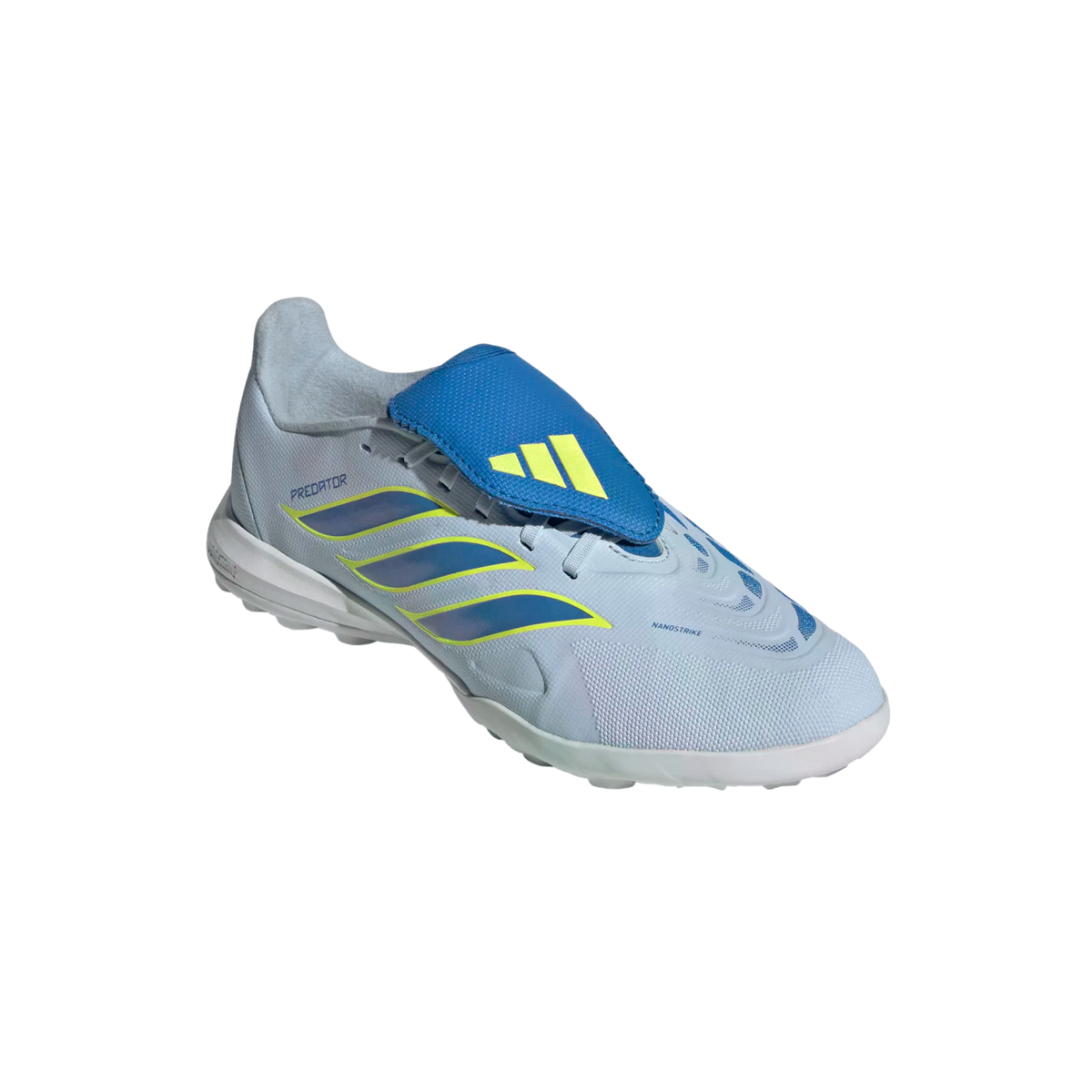 A light blue Adidas Predator turf soccer shoe with a bright blue lace cover and neon yellow accents, shown against a solid black background.