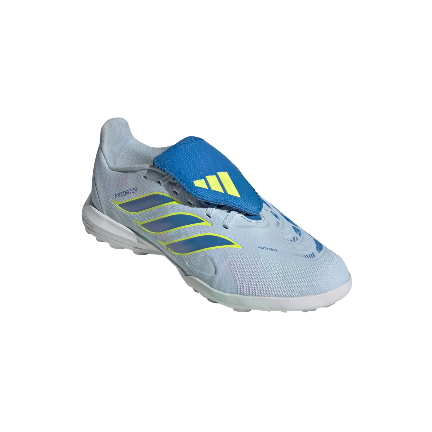 A light blue Adidas Predator turf soccer shoe with a bright blue lace cover and neon yellow accents, shown against a solid black background.