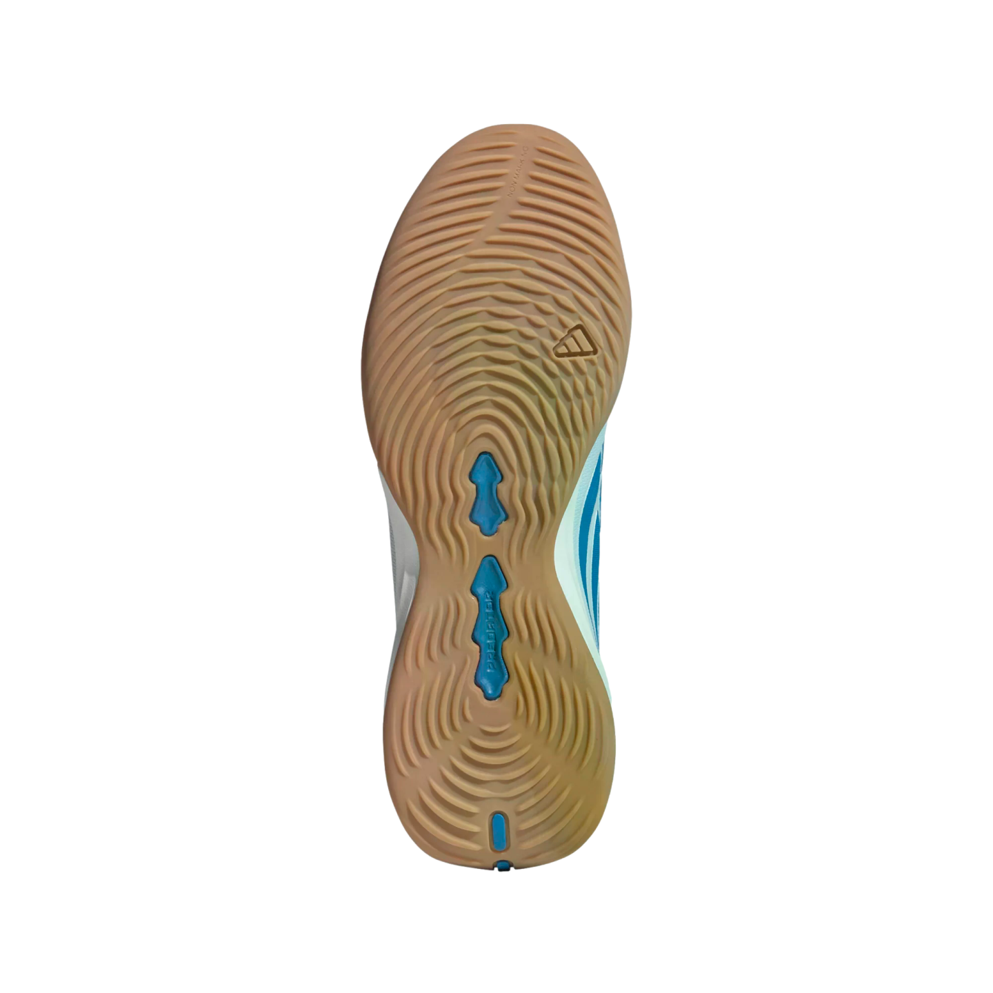 A gum-colored rubber sole of an Adidas Predator shoe with concentric circular tread patterns and blue inserts, shown against a solid black background.