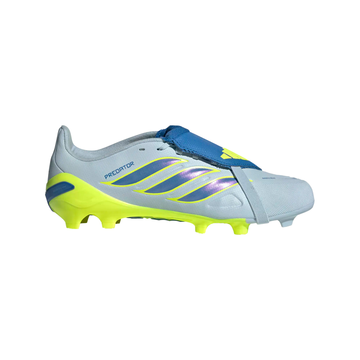 A lateral side view of an Adidas Predator soccer cleat against a black background. The shoe features a light gray upper with three iridescent blue-to-purple stripes, a vibrant neon yellow sole and heel counter, and a bright blue fold-over tongue secured b