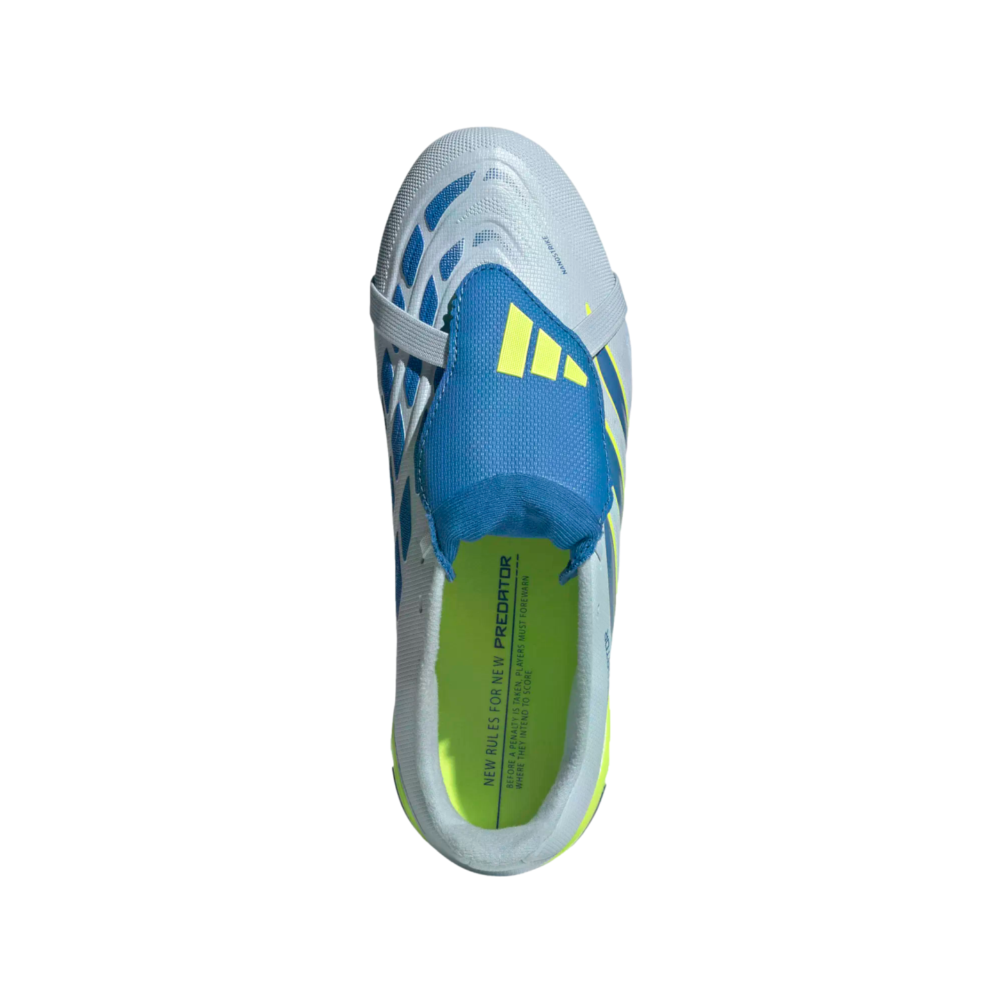 A top-down view of a light blue and royal blue Adidas Predator soccer cleat on a black background. The shoe features a blue lace shroud with yellow stripes and a bright yellow insole with the text "NEW RULES FOR NEW PREDATOR."