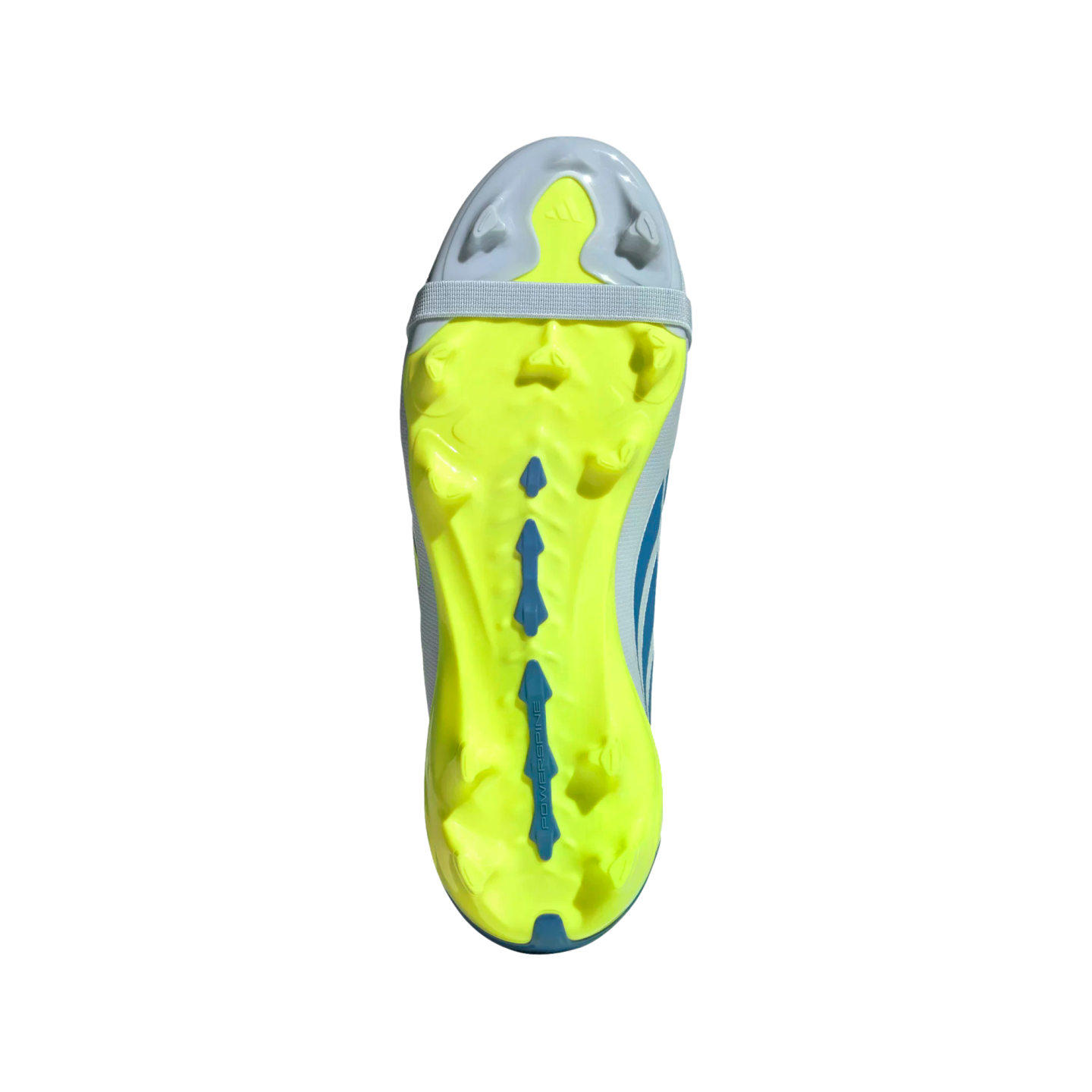 A top-down view of a soccer cleat's neon yellow and light blue soleplate against a black background, showing the stud configuration and a central blue "POWERSPINE" element.