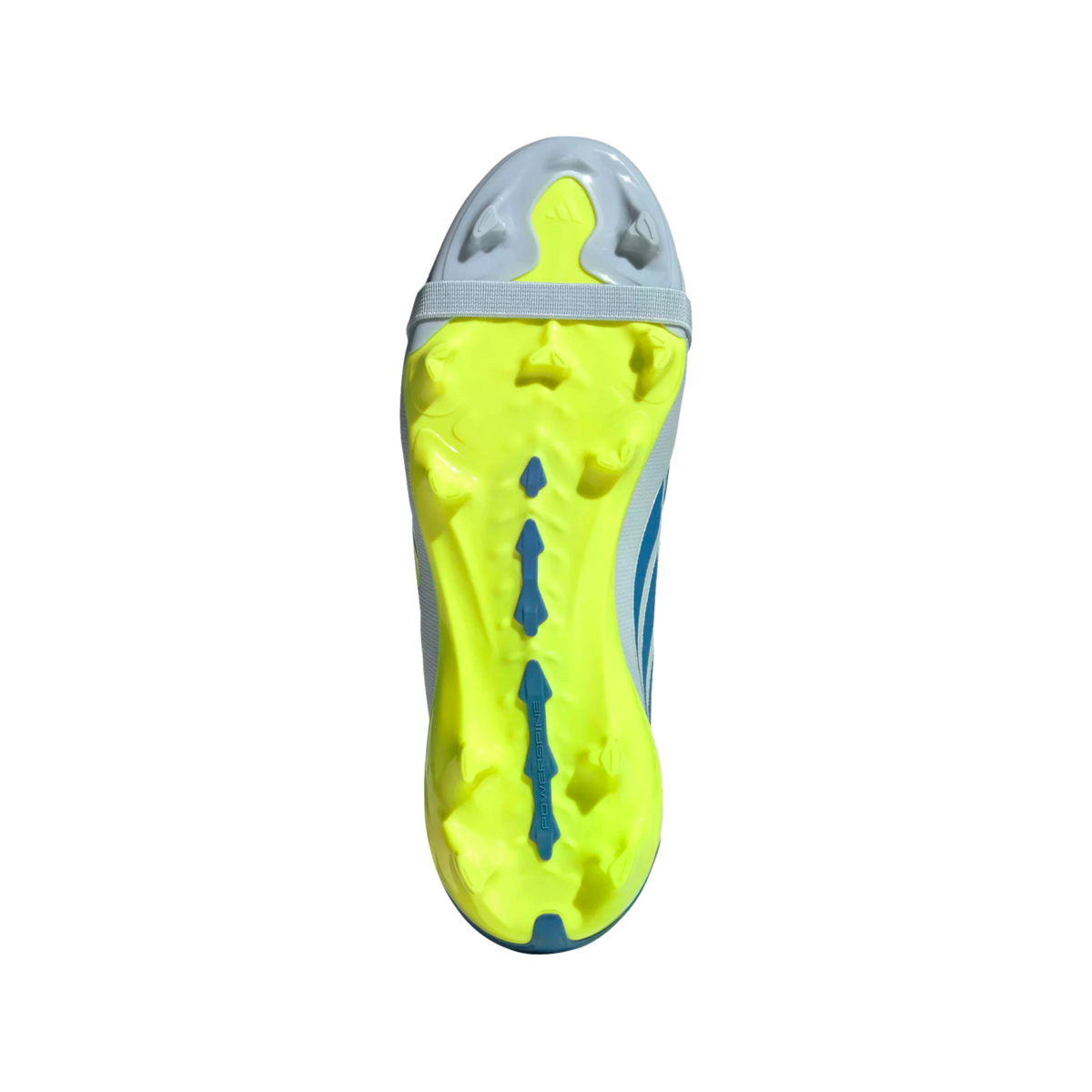 A top-down view of a soccer cleat's neon yellow and light blue soleplate against a black background, showing the stud configuration and a central blue "POWERSPINE" element.