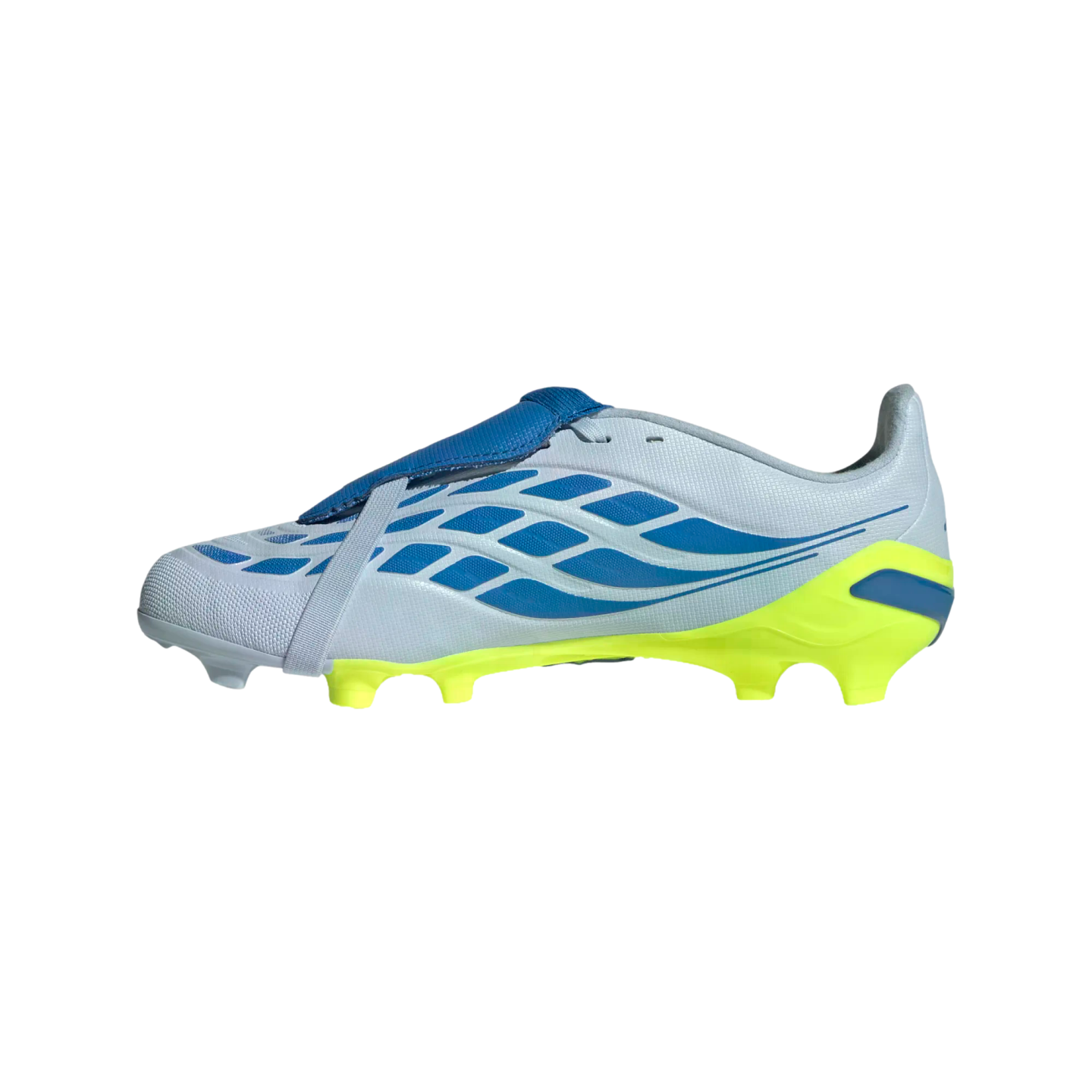 A side profile of a light grey and blue soccer cleat with a bright neon yellow studded soleplate and a blue fold-over tongue, shown against a black background.