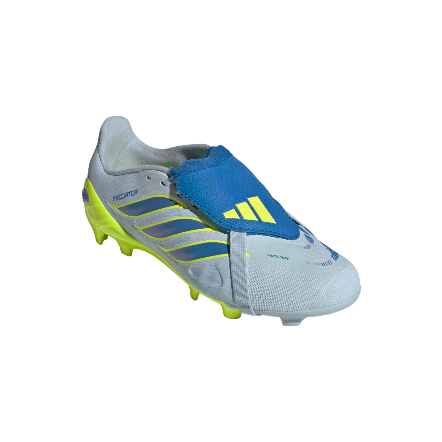 A side-profile view of a single Adidas Predator soccer cleat featuring a light grey upper, blue and yellow diagonal stripes, a bright yellow sole, and a blue fold-over tongue with a yellow logo, all set against a black background.