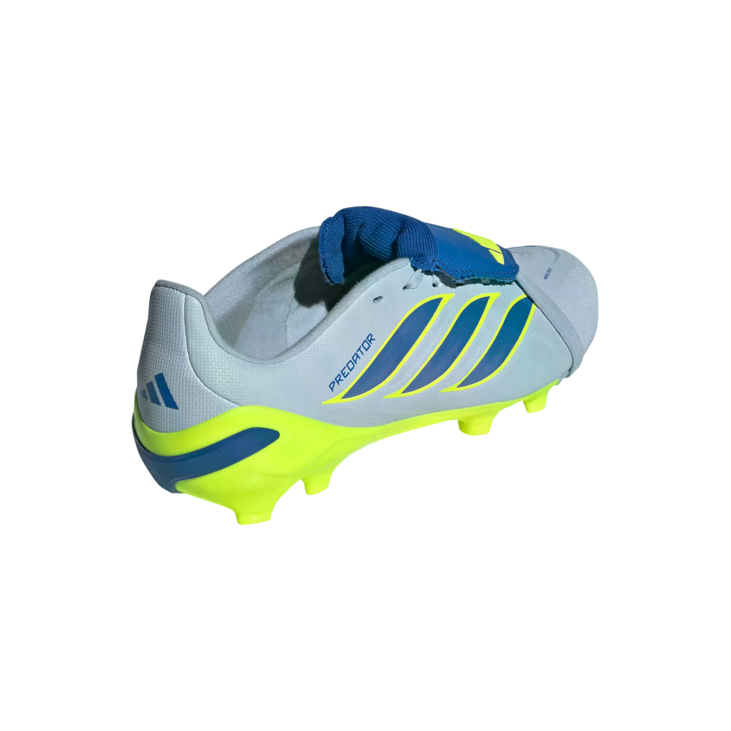 A rear-lateral view of a light blue Adidas Predator soccer cleat with yellow and dark blue accents on a black background. The shoe features three blue stripes, "PREDATOR" text on the side, and a blue fold-over tongue with a bright yellow soleplate and hee