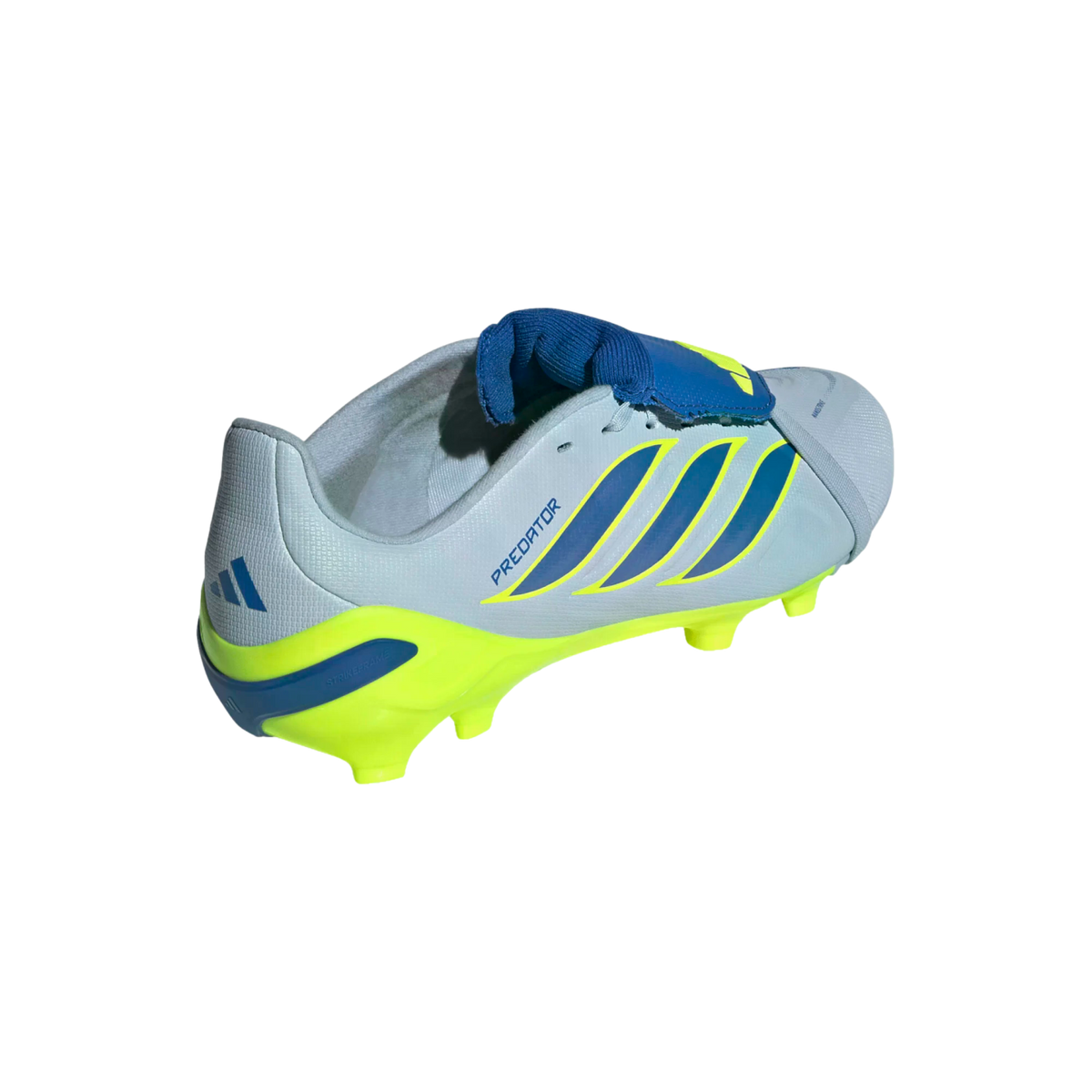 A rear-lateral view of a light blue Adidas Predator soccer cleat with yellow and dark blue accents on a black background. The shoe features three blue stripes, "PREDATOR" text on the side, and a blue fold-over tongue with a bright yellow soleplate and hee