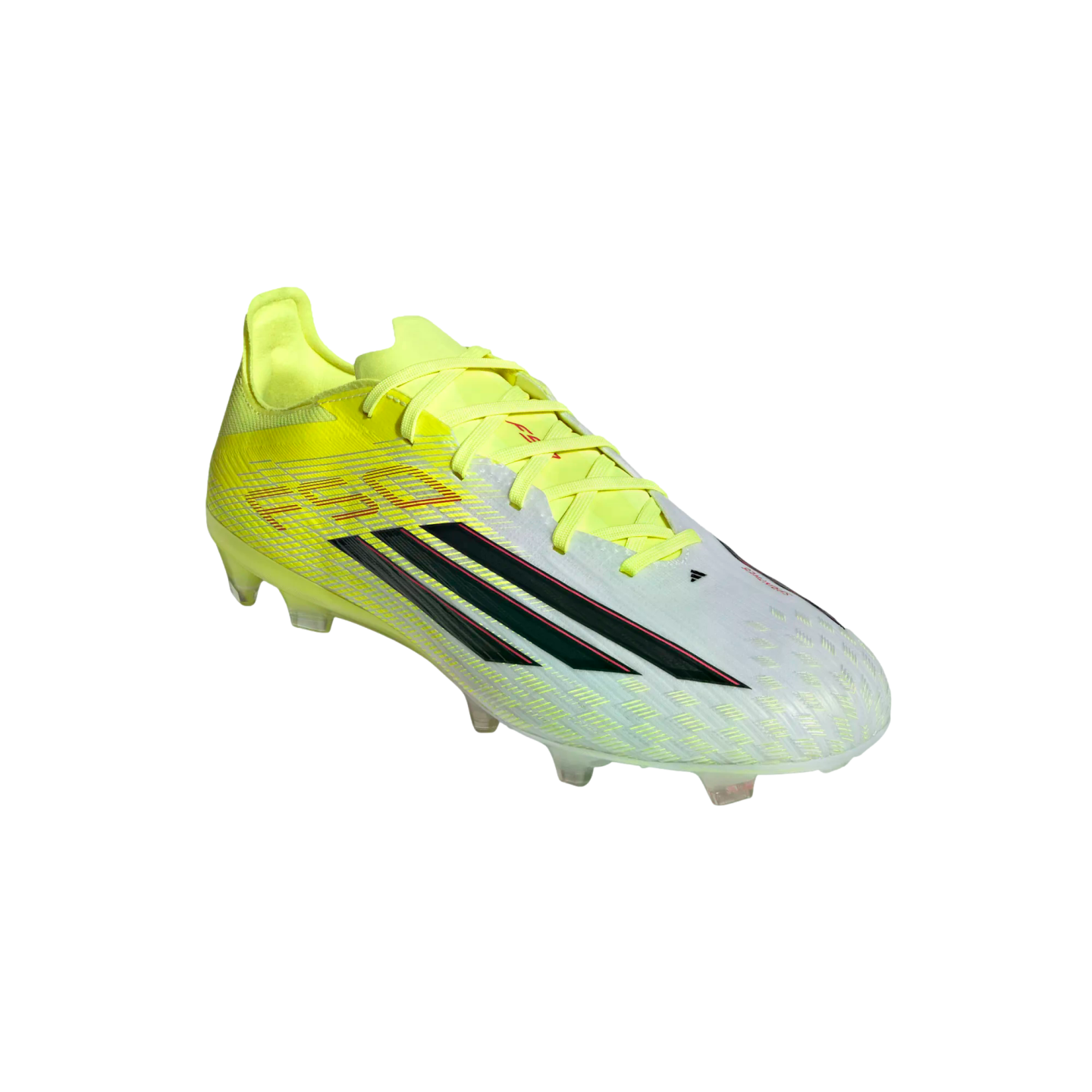 A neon yellow and white Adidas F50 football boot with black stripes, shown from a side angle against a black background.