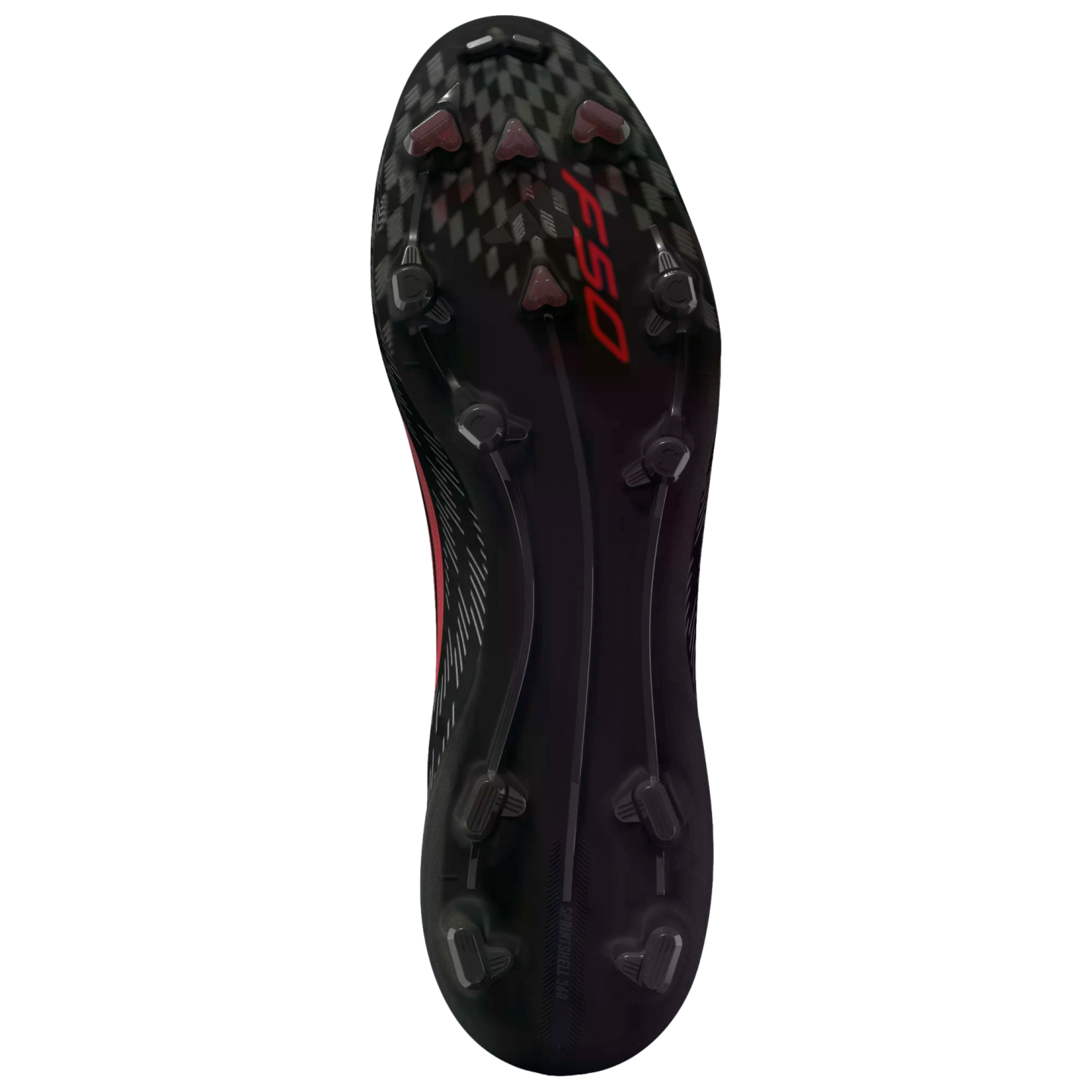 Soleplate of a black Adidas F50 soccer cleat featuring red accents and a variety of traction studs.