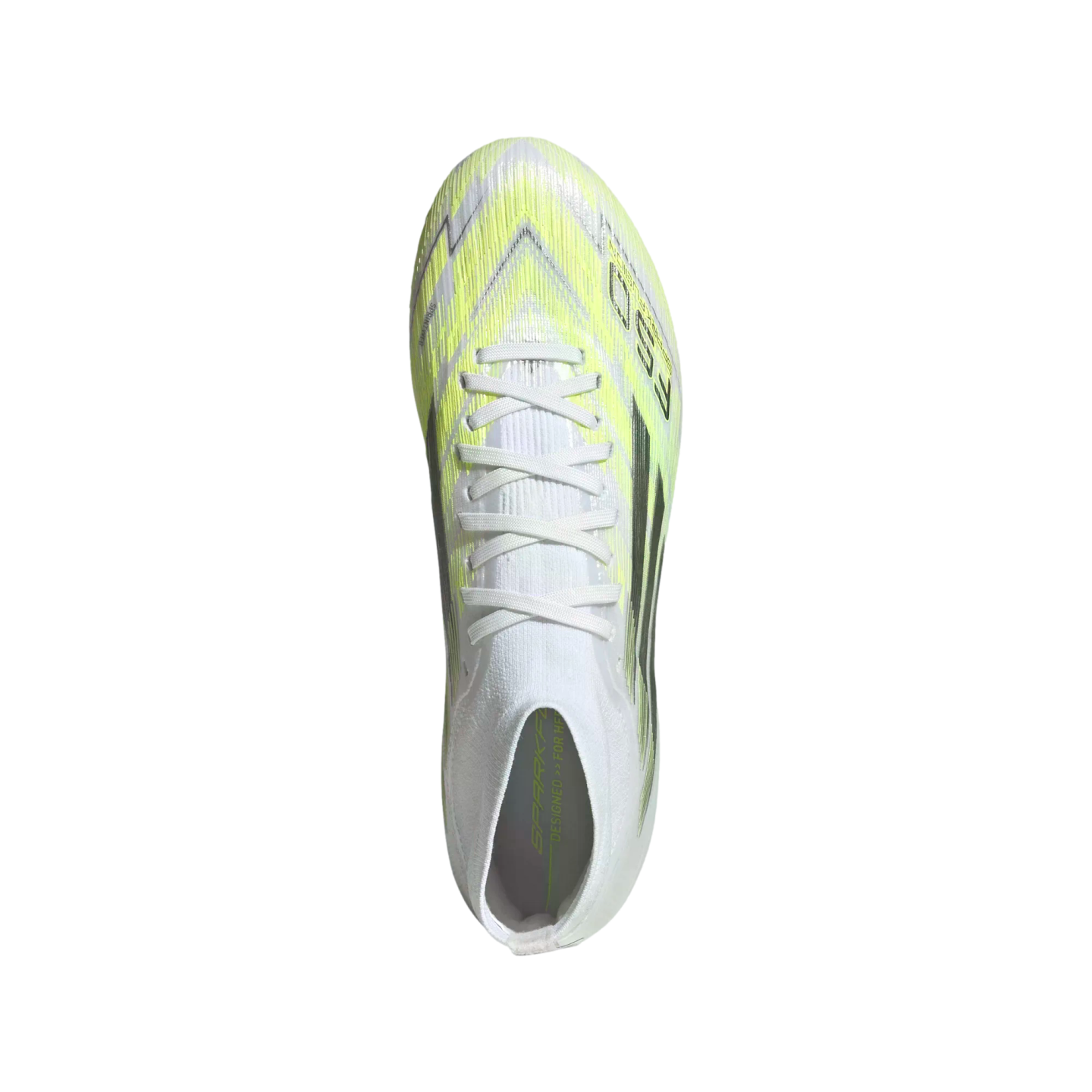 Top-down view of a white and neon yellow soccer cleat with "F50" branding on its side, centered against a black background.