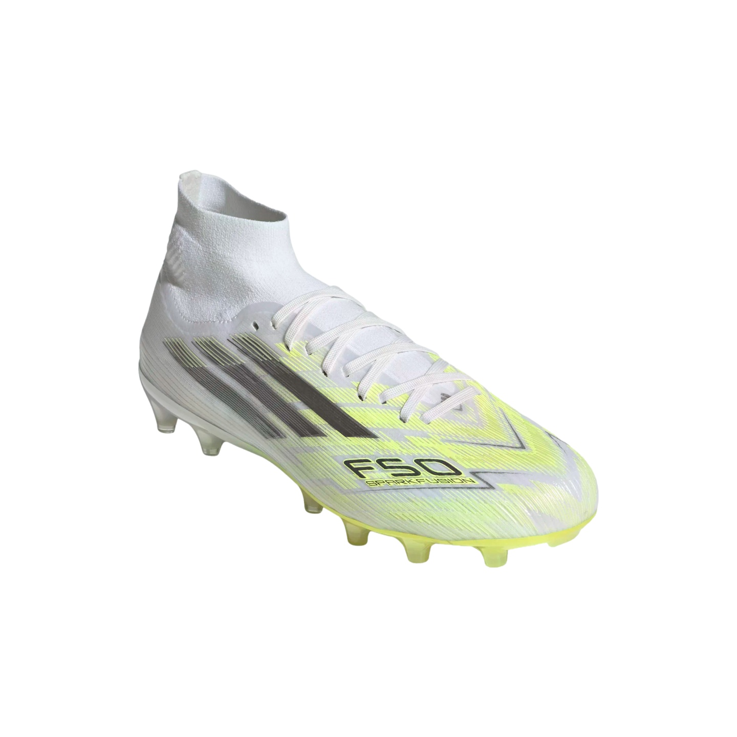 White and neon yellow Adidas F50 Sparkfusion soccer cleat with a high-top sock collar and grey stripes, shown against a black background.