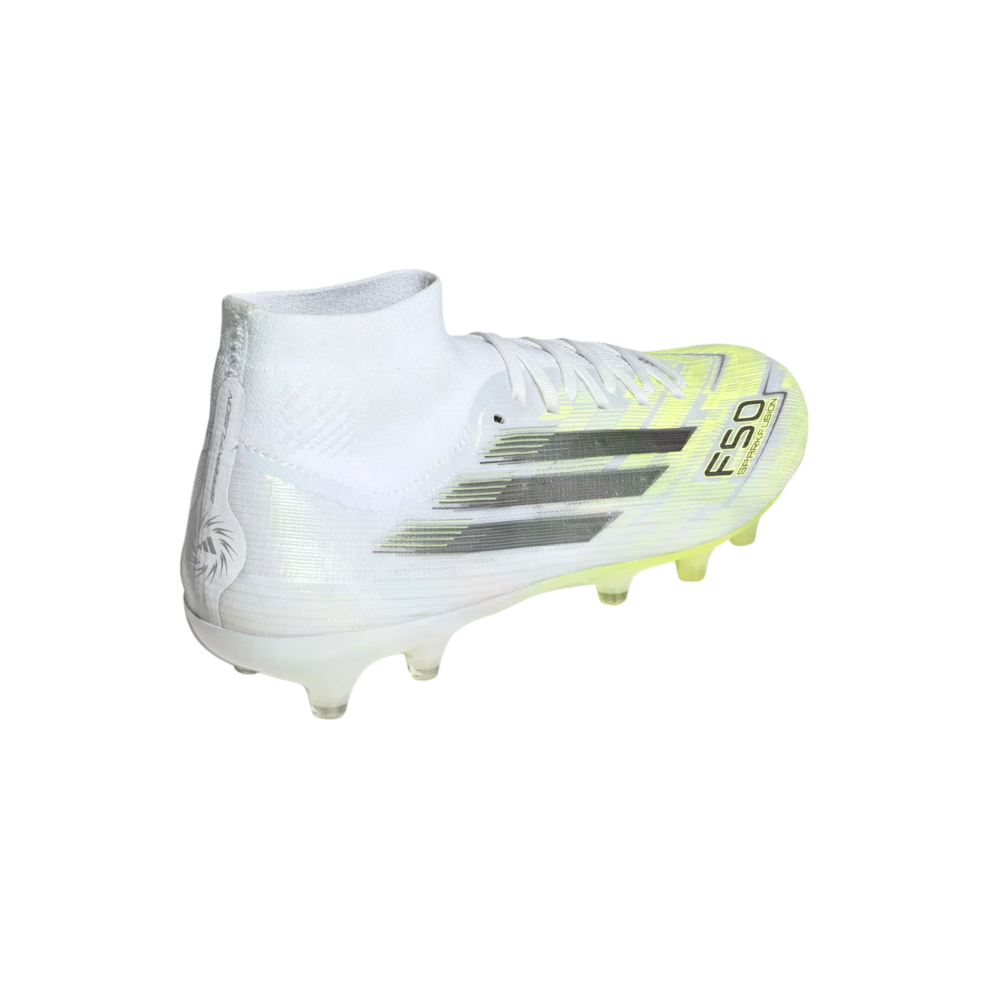 A rear-angled view of a white and lime yellow Adidas F50 soccer cleat with dark grey stripes and a high-top collar, set against a solid black background.