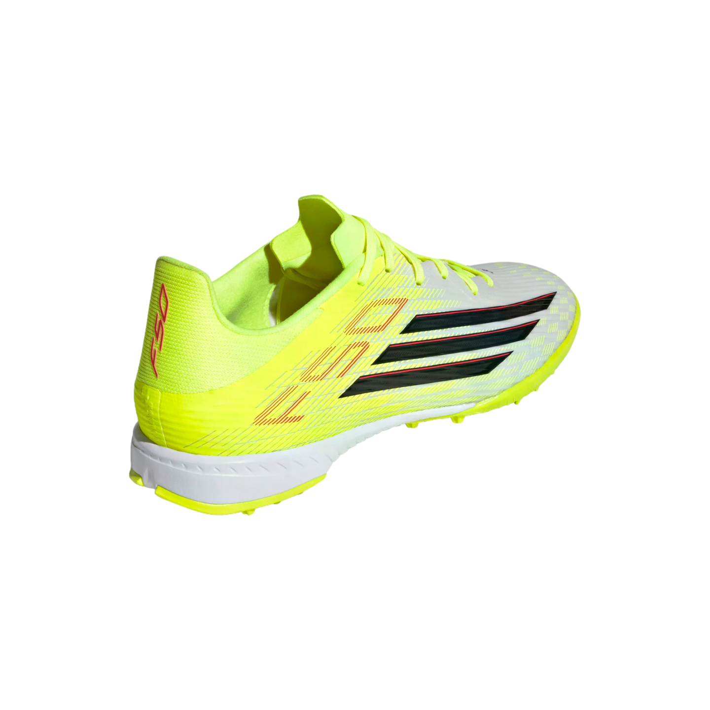 Yellow and white Adidas F50 turf soccer cleat with three black stripes and red accents, shown from a rear angle.