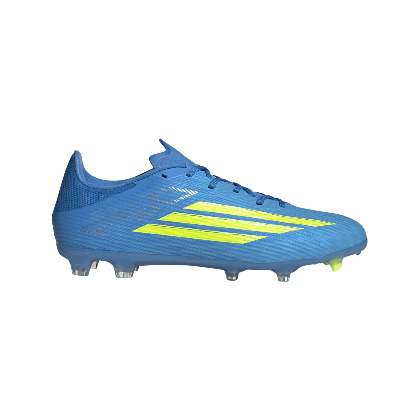 A side view of a bright blue Adidas soccer cleat with three tapering neon yellow stripes and a textured upper, set against a black background.