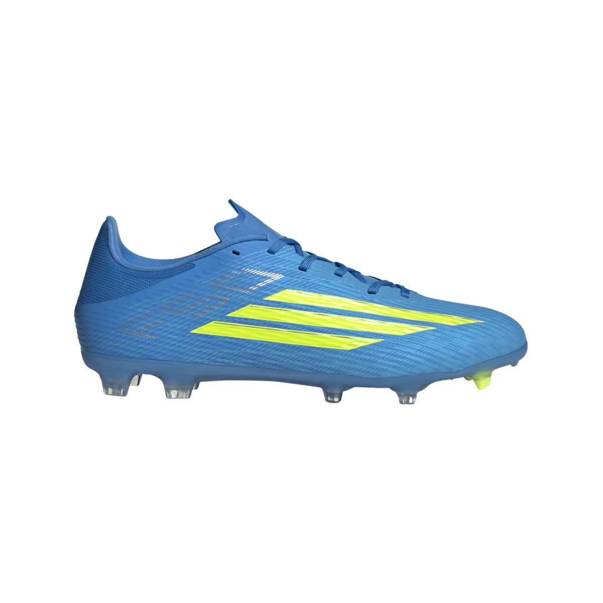A side view of a bright blue Adidas soccer cleat with three tapering neon yellow stripes and a textured upper, set against a black background.