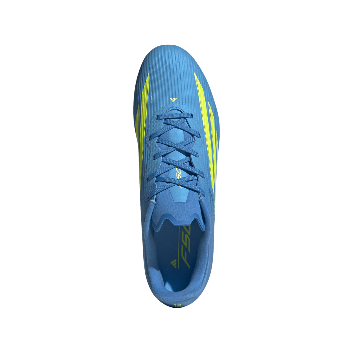 A top-down view of a light blue Adidas F50 soccer cleat with bright yellow accents on a black background.