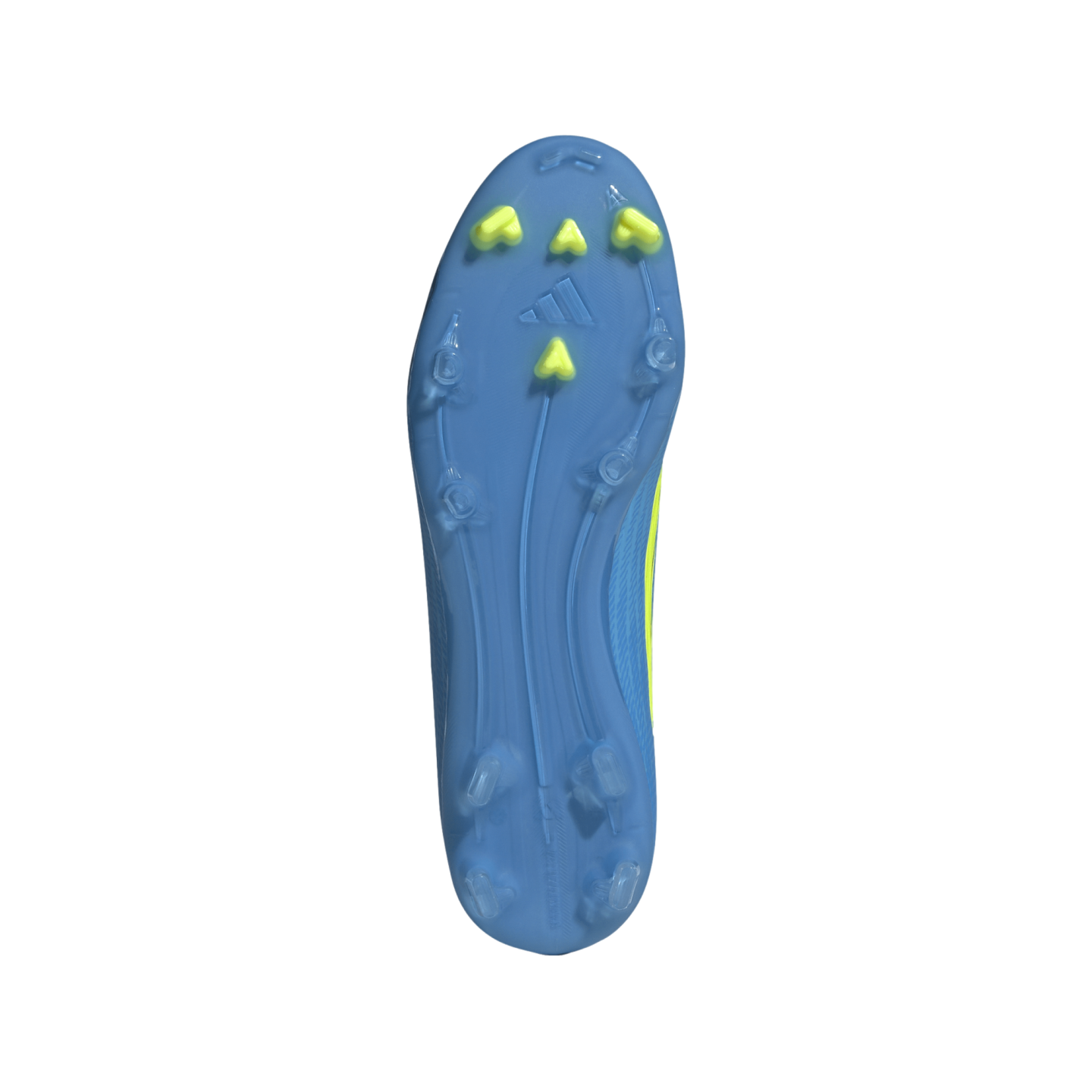 A bottom-up view of the light blue sole of a soccer cleat, featuring four yellow studs at the toe and several translucent blue studs around the edges. The Adidas logo is embossed in the center of the front half. Long, curved ridges run the length of the s