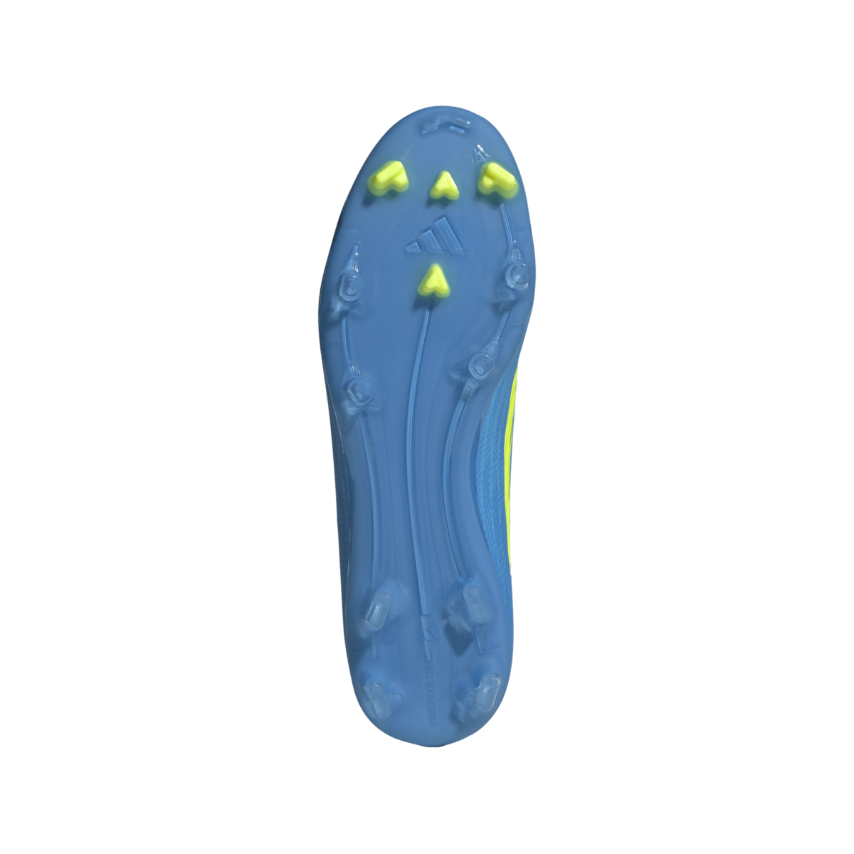 A bottom-up view of the light blue sole of a soccer cleat, featuring four yellow studs at the toe and several translucent blue studs around the edges. The Adidas logo is embossed in the center of the front half. Long, curved ridges run the length of the s