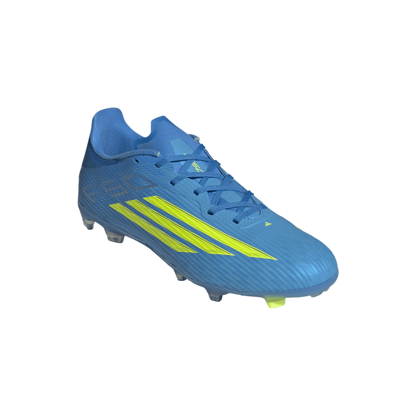 A blue Adidas F50 soccer cleat with three neon yellow stripes on the side, shown from a three-quarter angle against a black background.