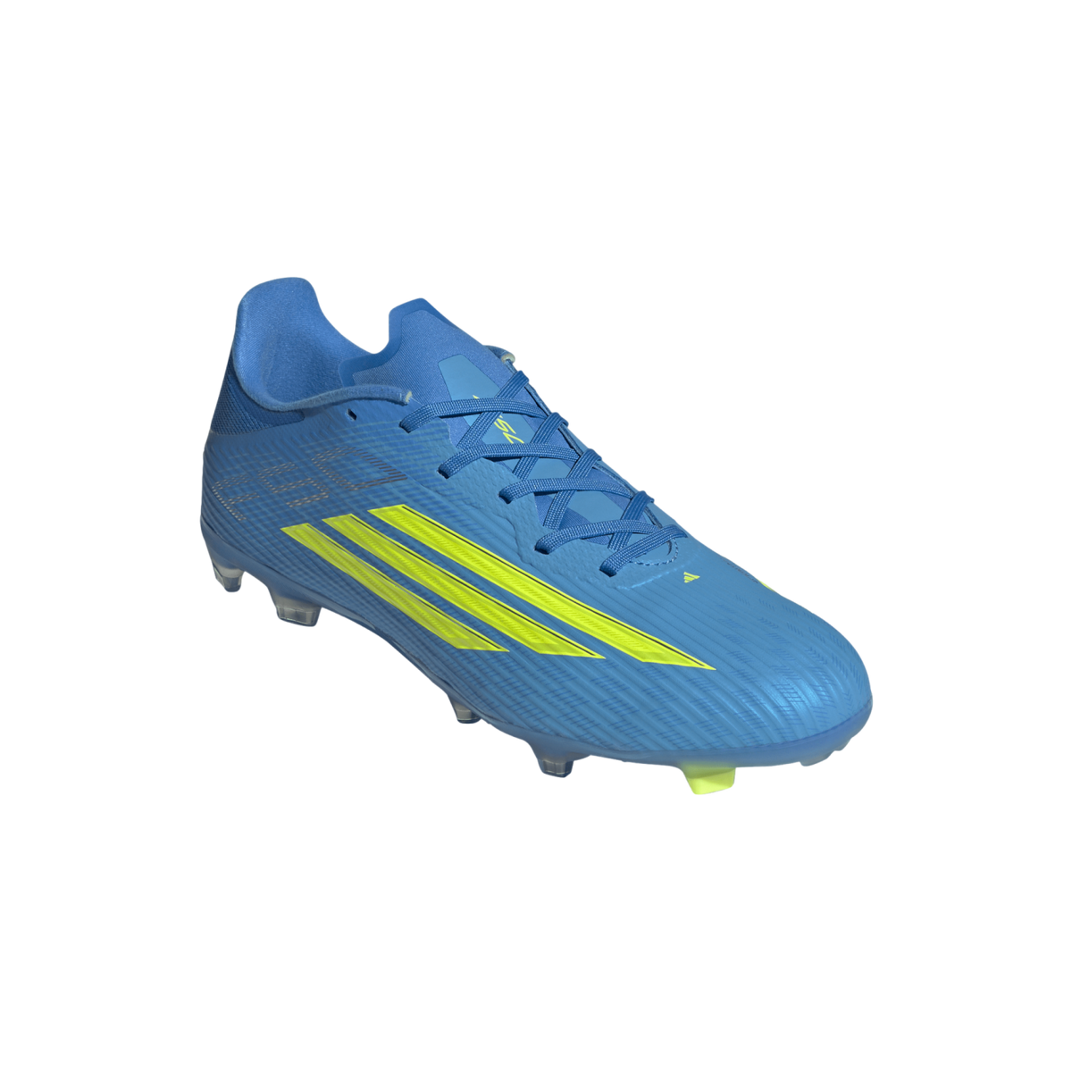 A blue Adidas F50 soccer cleat with three neon yellow stripes on the side, shown from a three-quarter angle against a black background.
