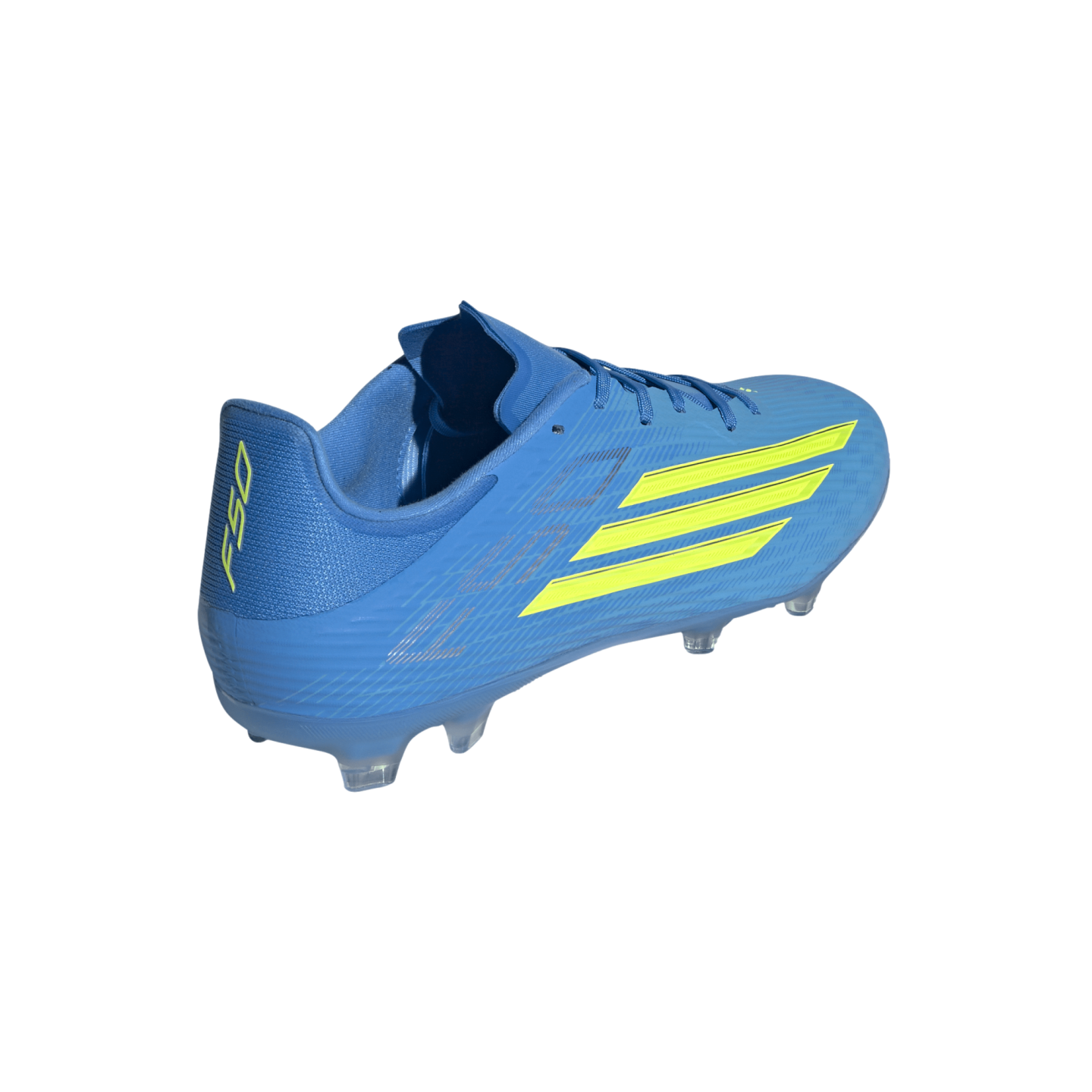 A bright blue Adidas F50 soccer cleat, shown from a rear three-quarter angle against a black background. The shoe features three neon yellow stripes on the side, the "F50" logo on the heel in the same color, and clear studs on the outsole.