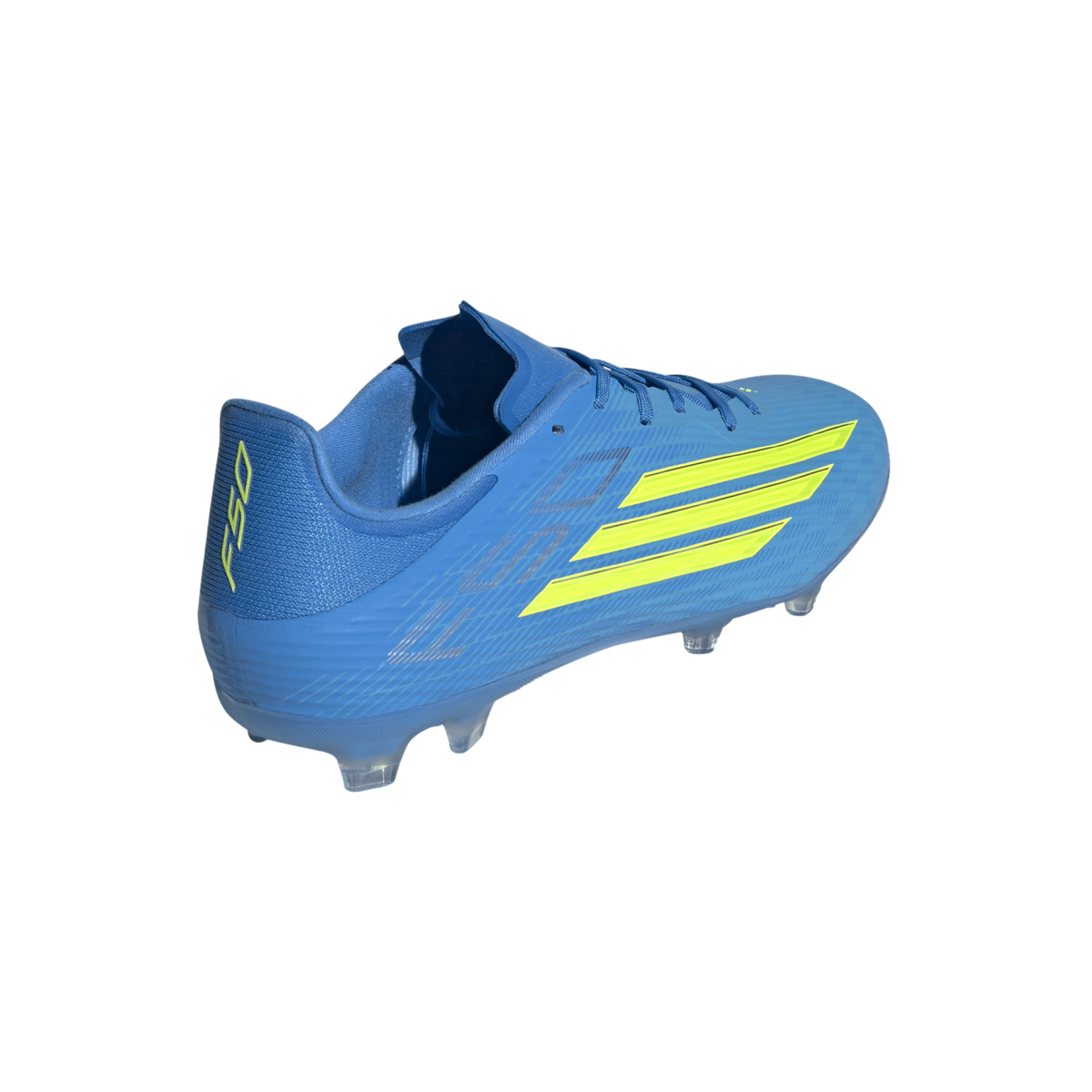 A bright blue Adidas F50 soccer cleat, shown from a rear three-quarter angle against a black background. The shoe features three neon yellow stripes on the side, the "F50" logo on the heel in the same color, and clear studs on the outsole.