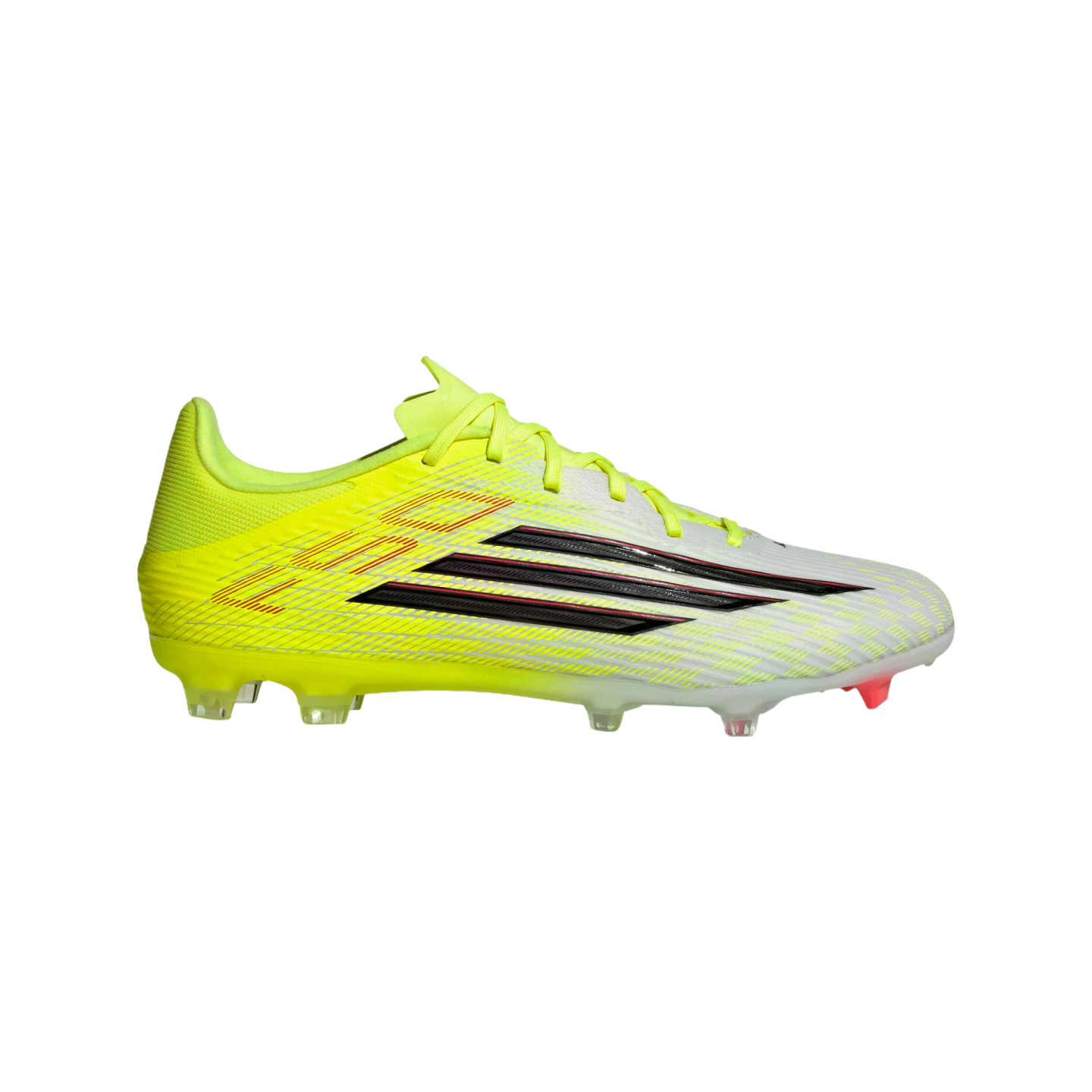 Side profile of a neon yellow and white Adidas soccer cleat with black stripes and a textured upper.