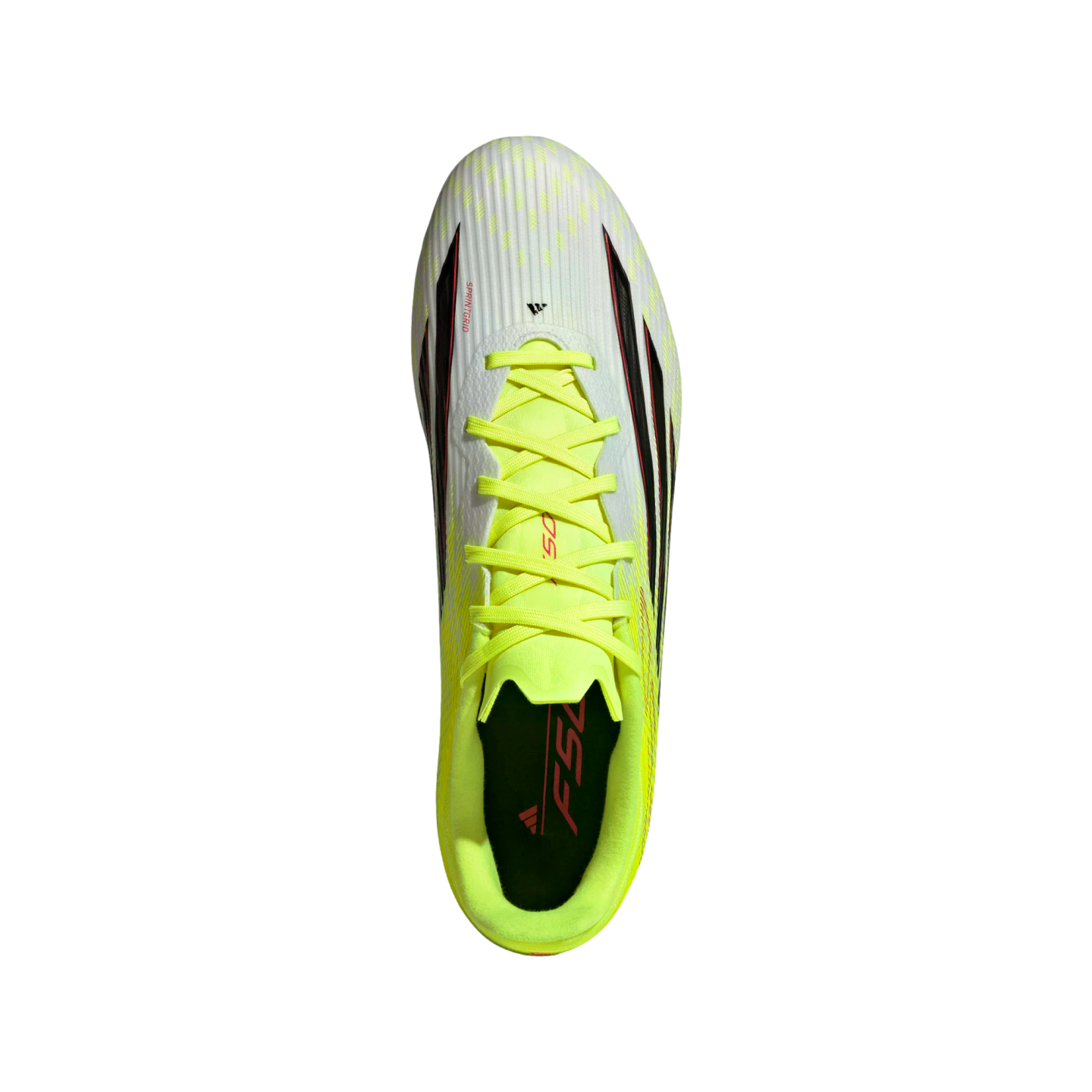 A top-down view of an Adidas F50 soccer cleat featuring a white and neon yellow upper with black and red accents, matching neon laces, and a black insole.