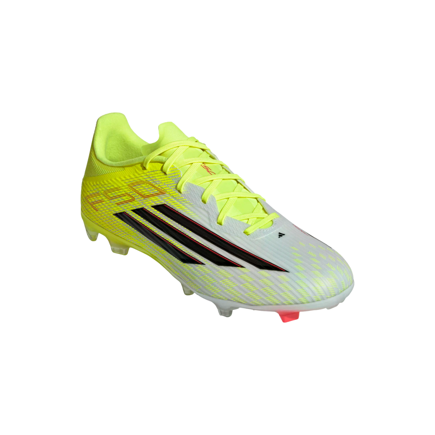 A neon yellow and white Adidas soccer cleat with three black stripes on a black background.