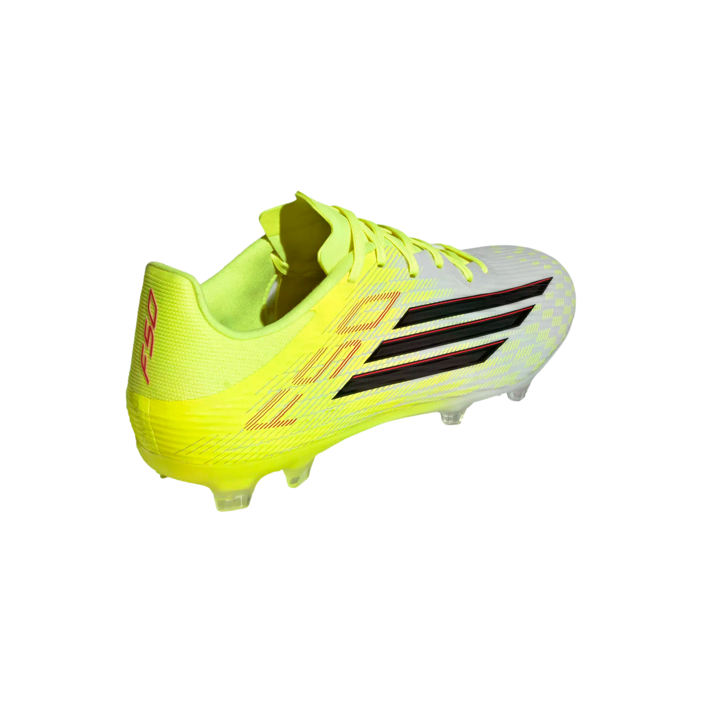 A neon yellow and white Adidas F50 soccer cleat with black stripes and clear studs, shown from a rear-side angle on a black background.