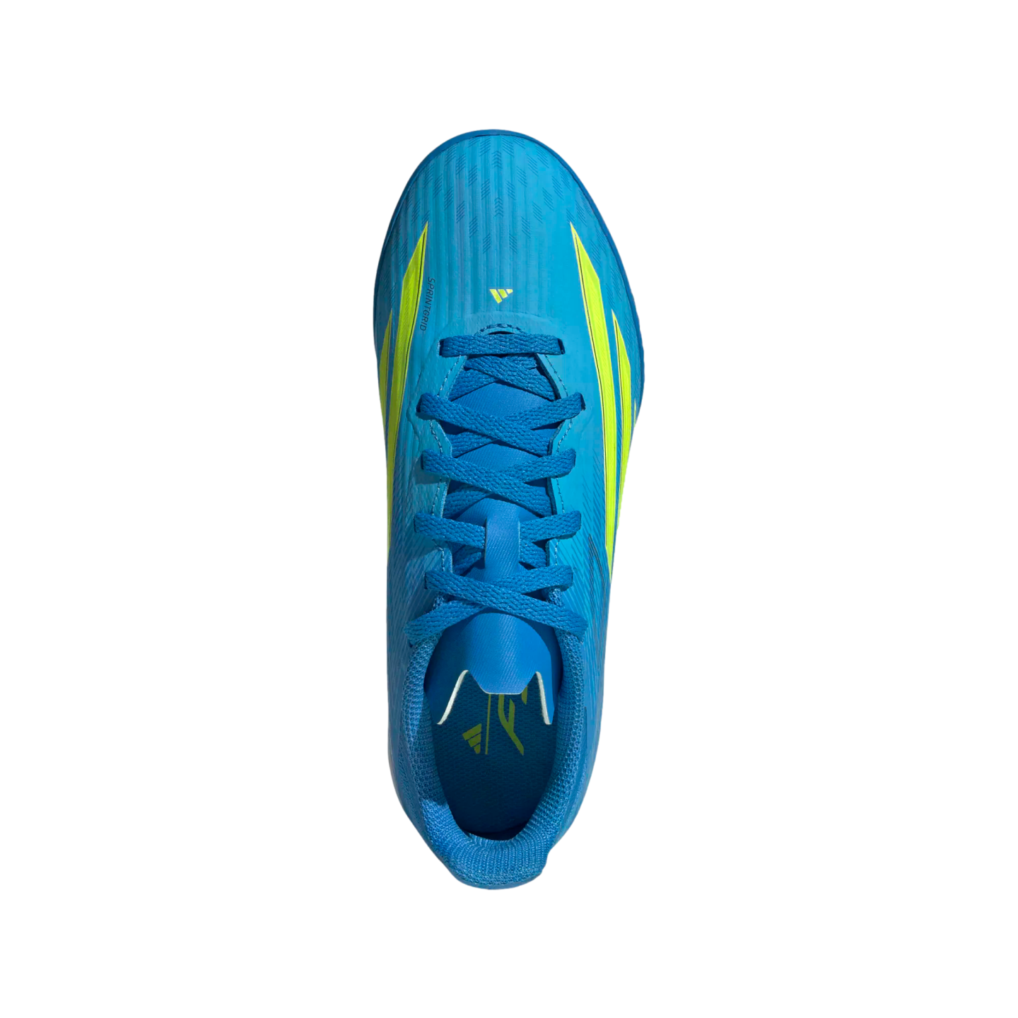Top-down view of a bright blue Adidas athletic shoe with neon yellow accents and matching blue laces, centered on a black background.