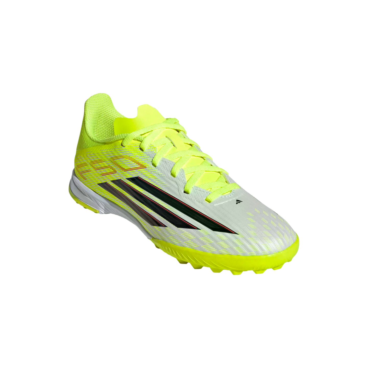 Neon yellow and light gray Adidas F50 soccer shoe with black stripes and a textured upper, set against a black background.